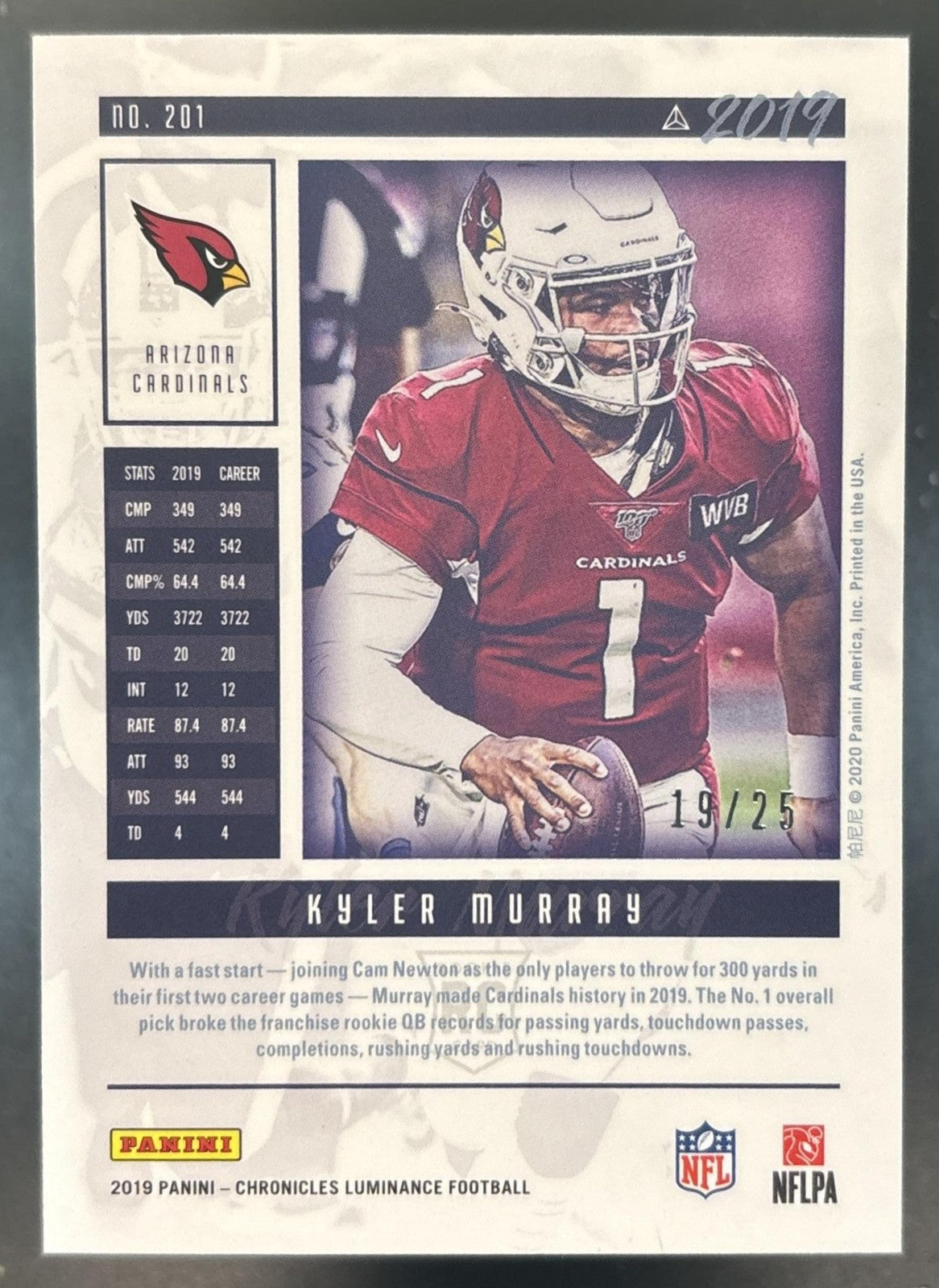 2019 Panini Chronicles Kyler Murray Luminance Update Orange /25 #201 RC Cardinal
