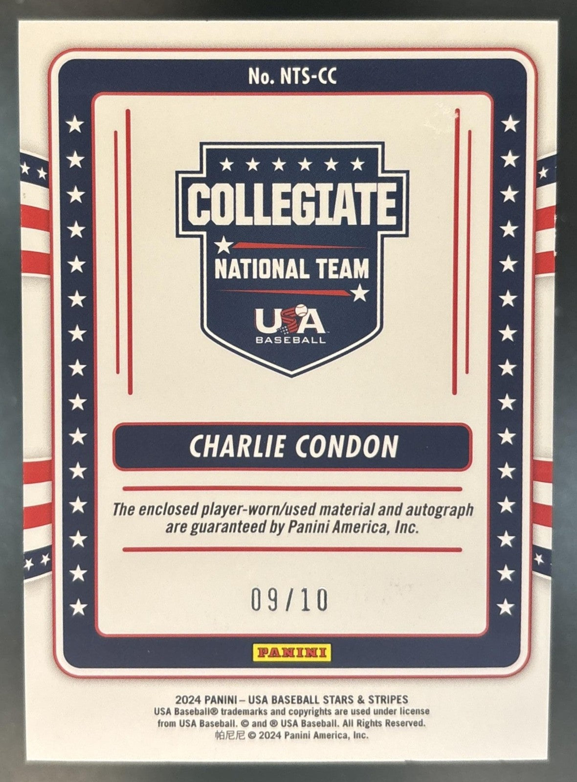 2024 Stars & Stripes USA Charlie Condon Collegiate Team Signatures Materials /10