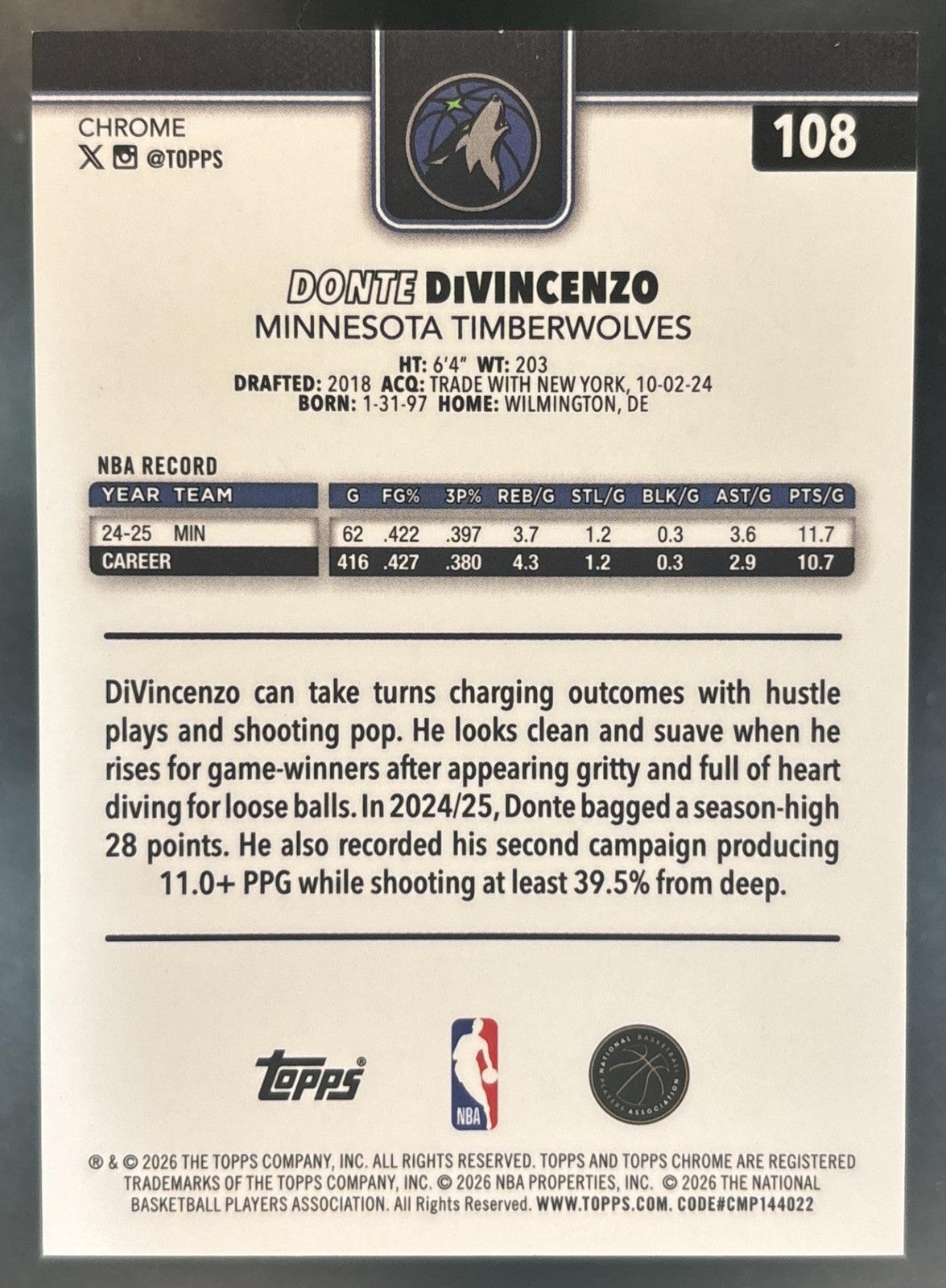 2025-26 Topps Chrome Update Sapphire Donte DiVincenzo Orange Refractor /25 #108