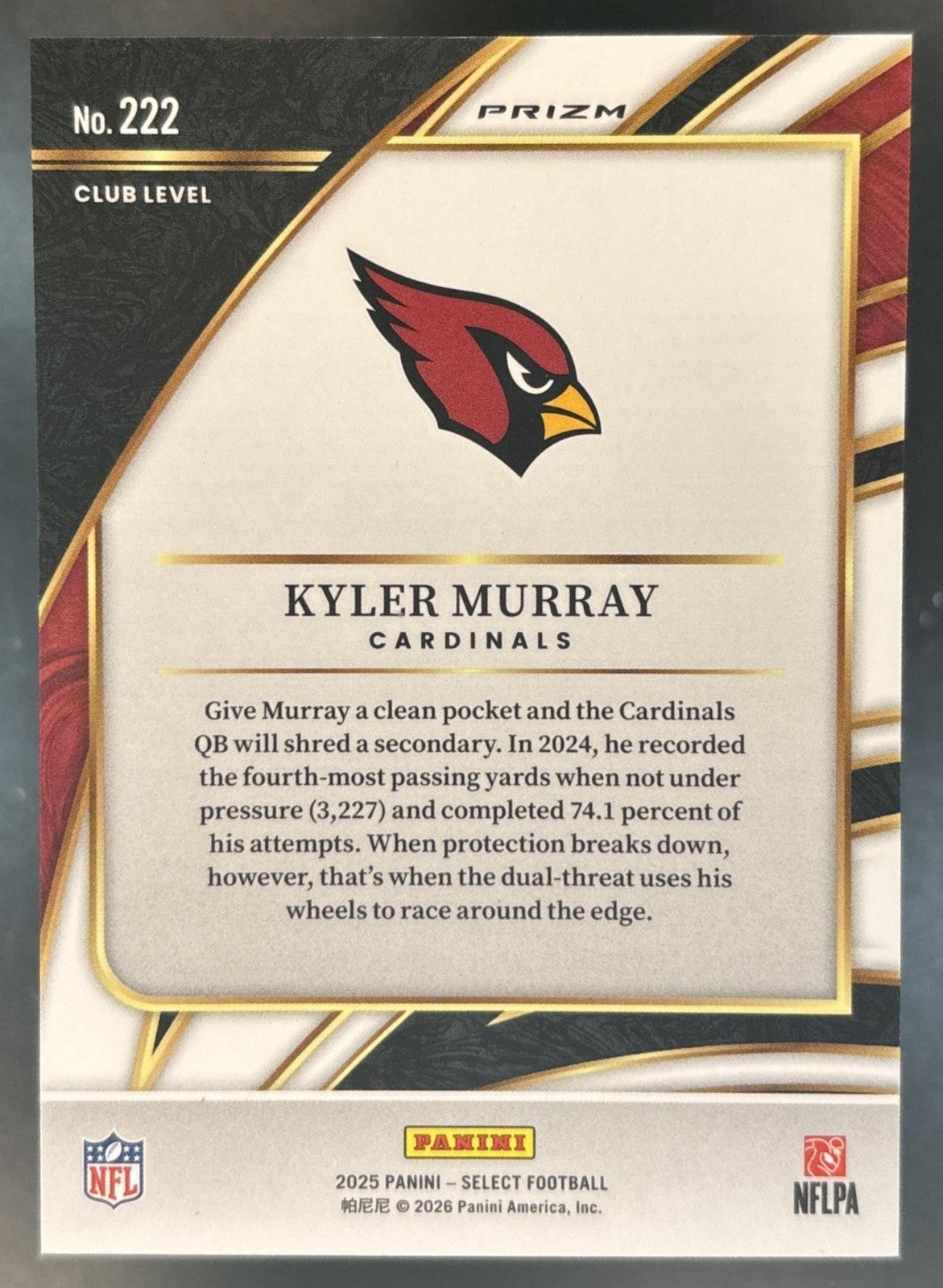 2025 Panini Select Kyler Murray Club Level Zebra Shock #222 Arizona Cardinals