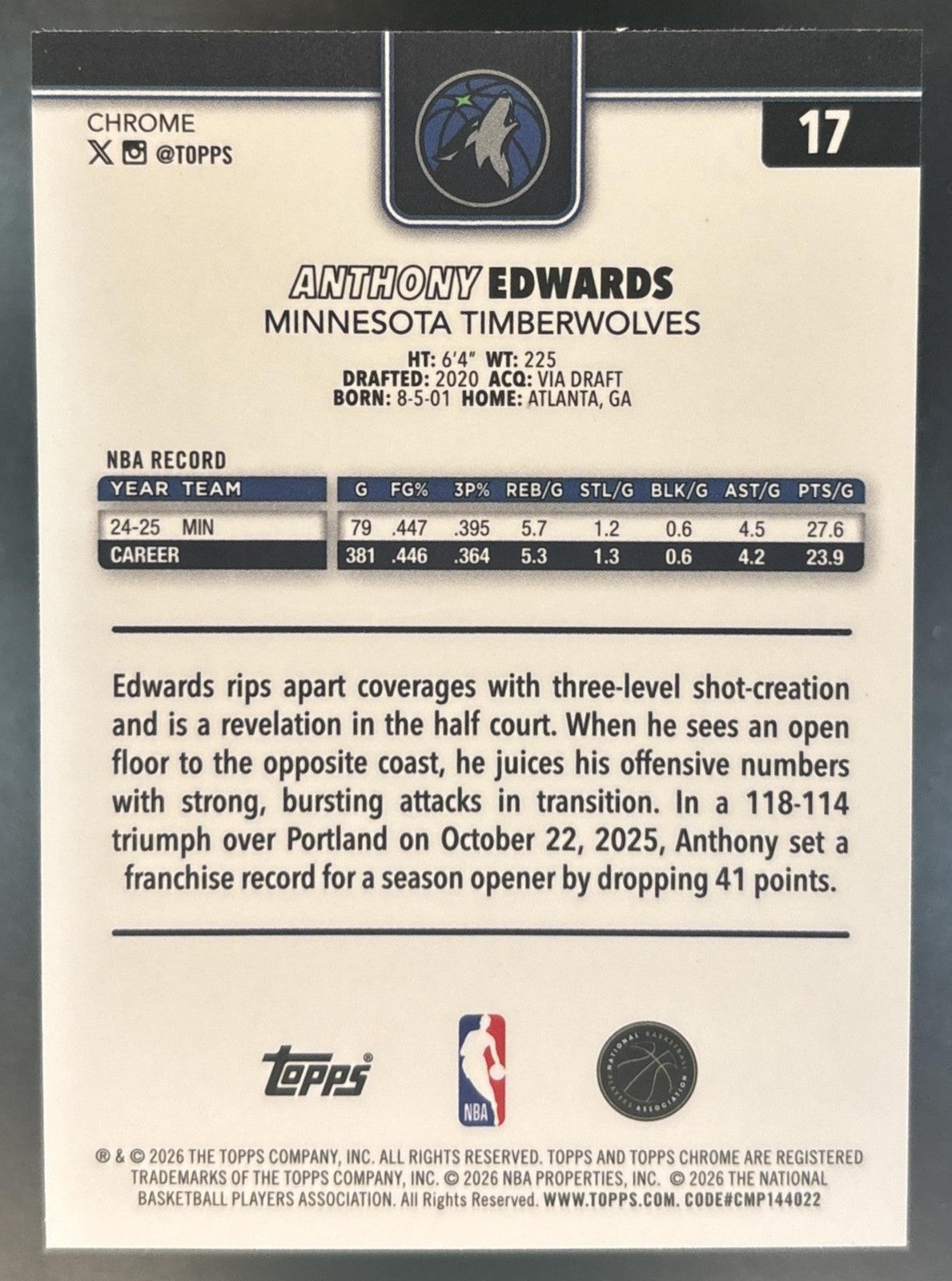 2025-26 Topps Chrome Update Sapphire Anthony Edwards #17 Minnesota Timberwolves