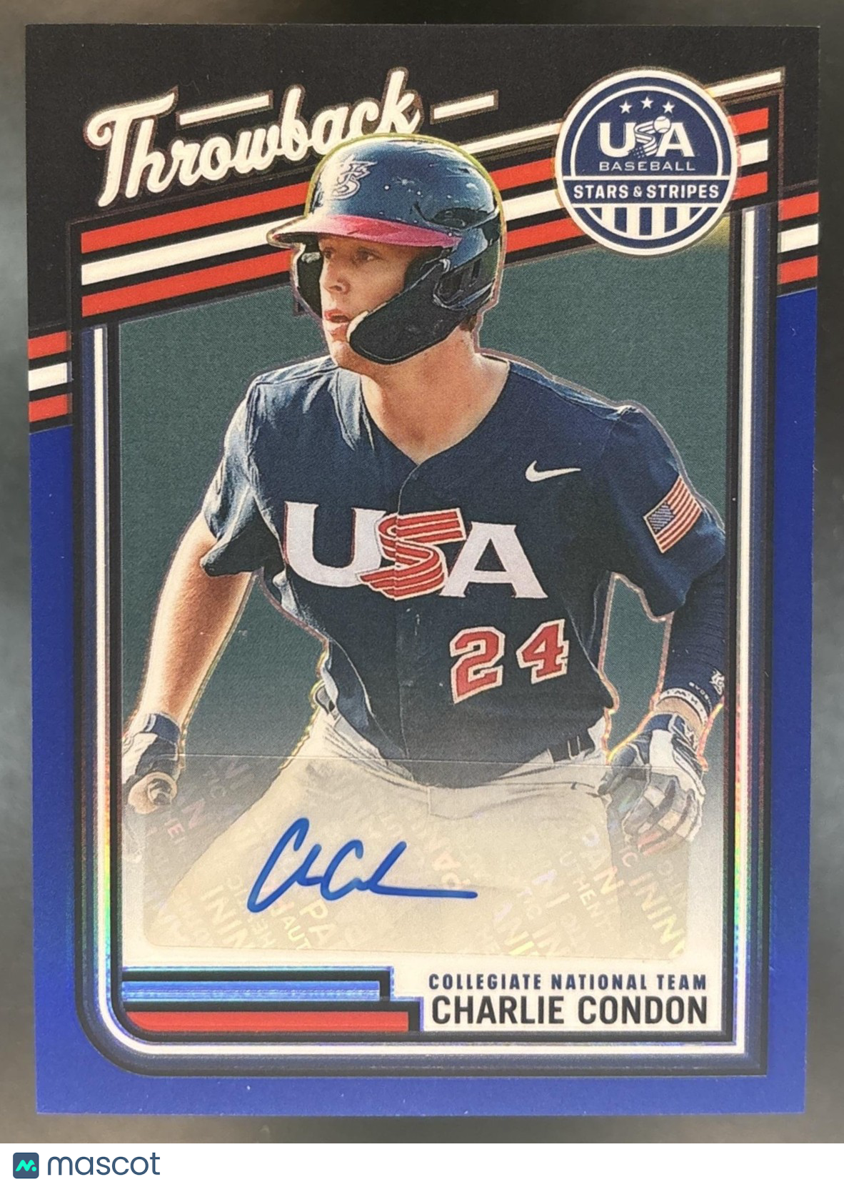 2026 Stars and Stripes Prizm Charlie Condon Throwback Signatures Blue /49 Auto