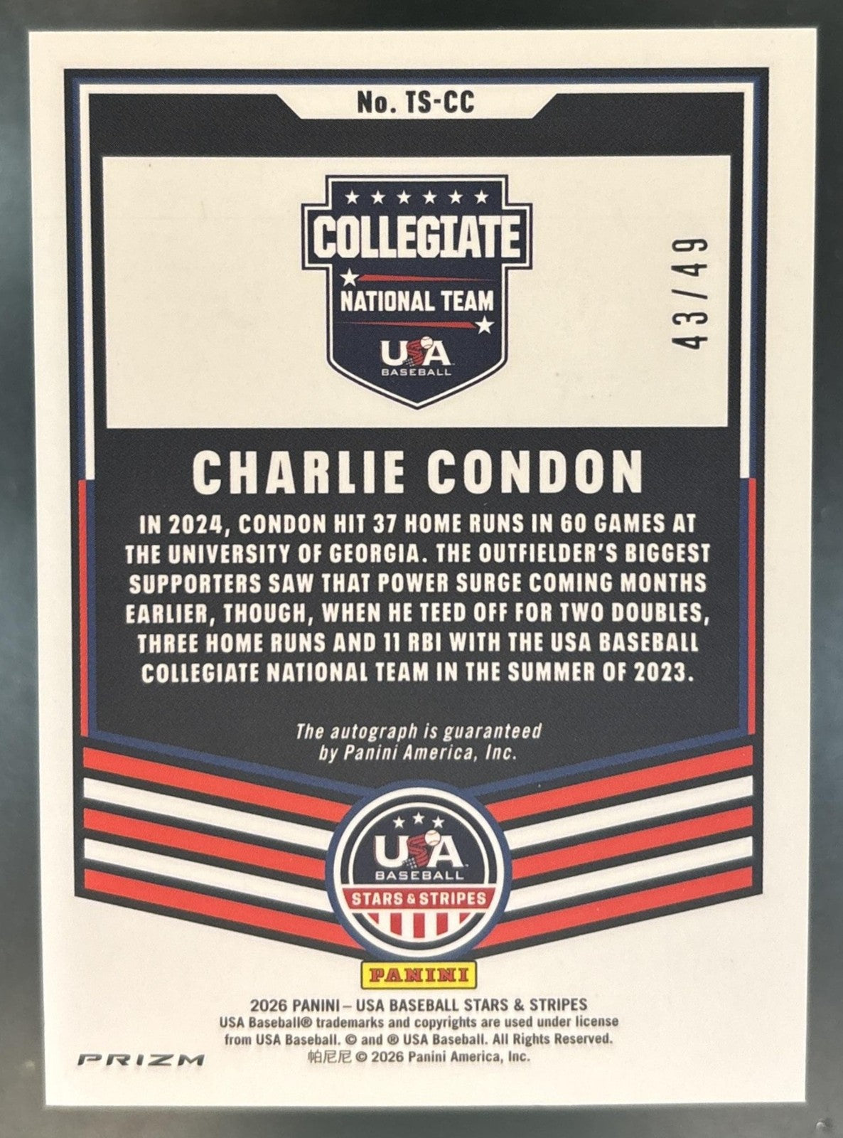 2026 Stars and Stripes Prizm Charlie Condon Throwback Signatures Blue /49 Auto