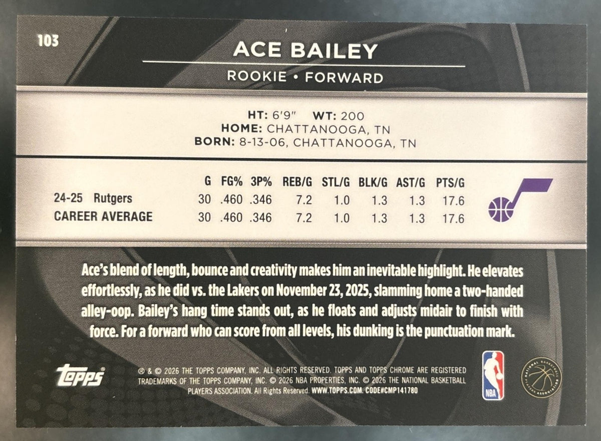 2025-26 Topps Chrome Black Ace Bailey Rookie Design Variation #103 SP RC Jazz