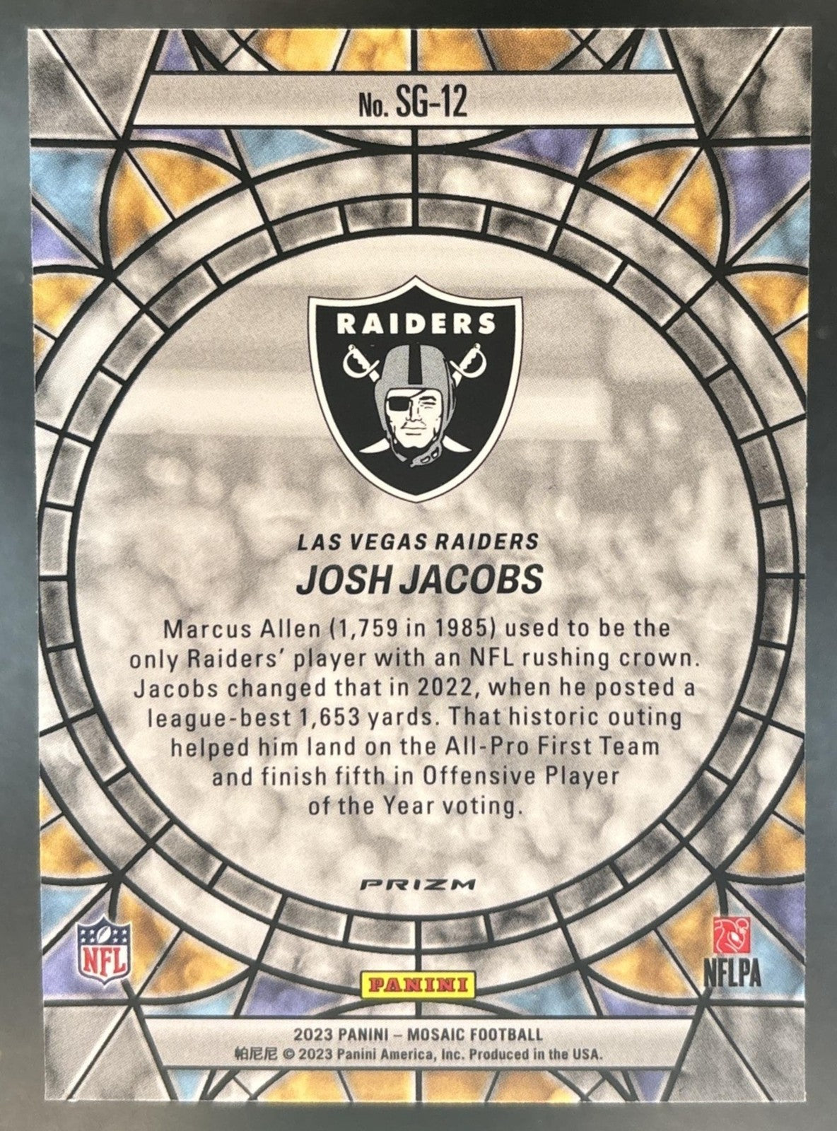 2023 Panini Mosaic Josh Jacobs Stained Glass #SG-12 Las Vegas Raiders