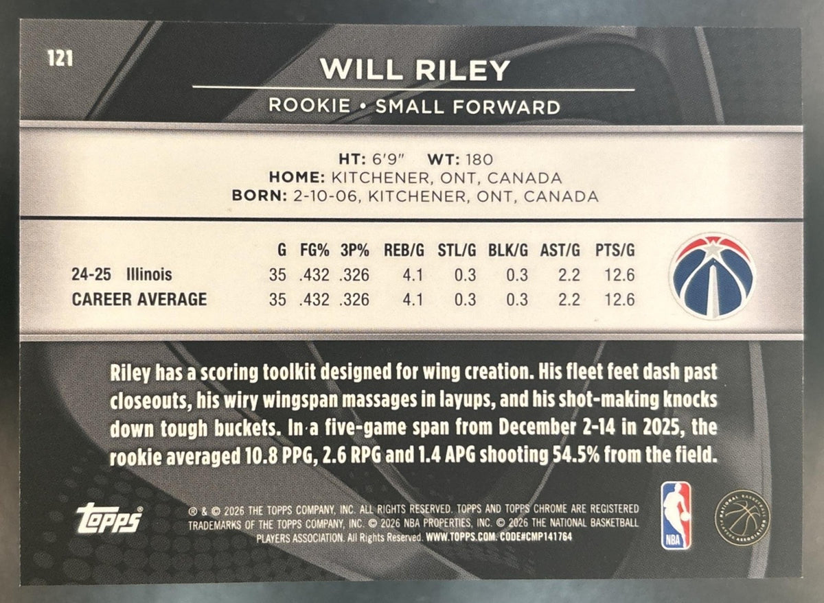 2025-26 Topps Chrome Black Will Riley Purple /75 #121 RC Washington Wizards