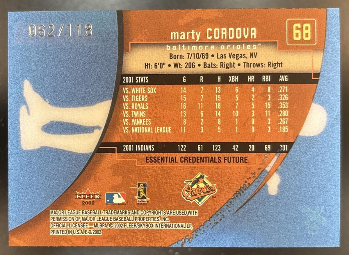 2002 Fleer E-X Marty Cordova Essential Credentials Future /118 #68 Orioles