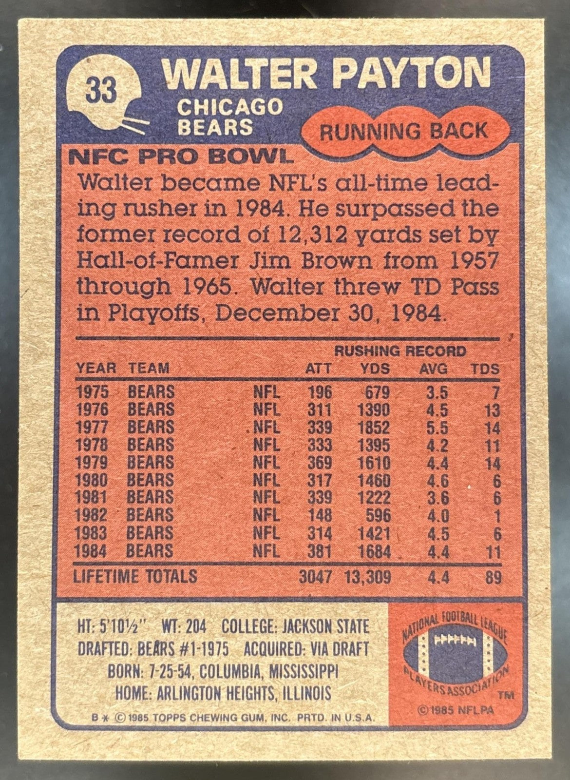 1985 Topps Walter Payton #33 Chicago Bears
