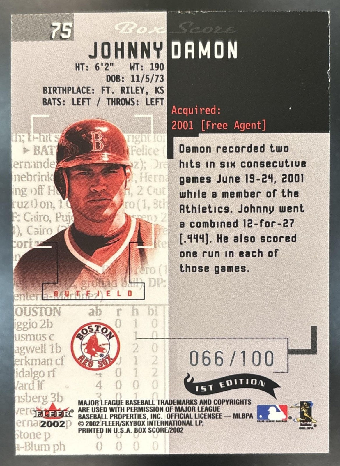 2002 Fleer Box Score Johnny Damon First Edition /100 #75 Boston Red Sox