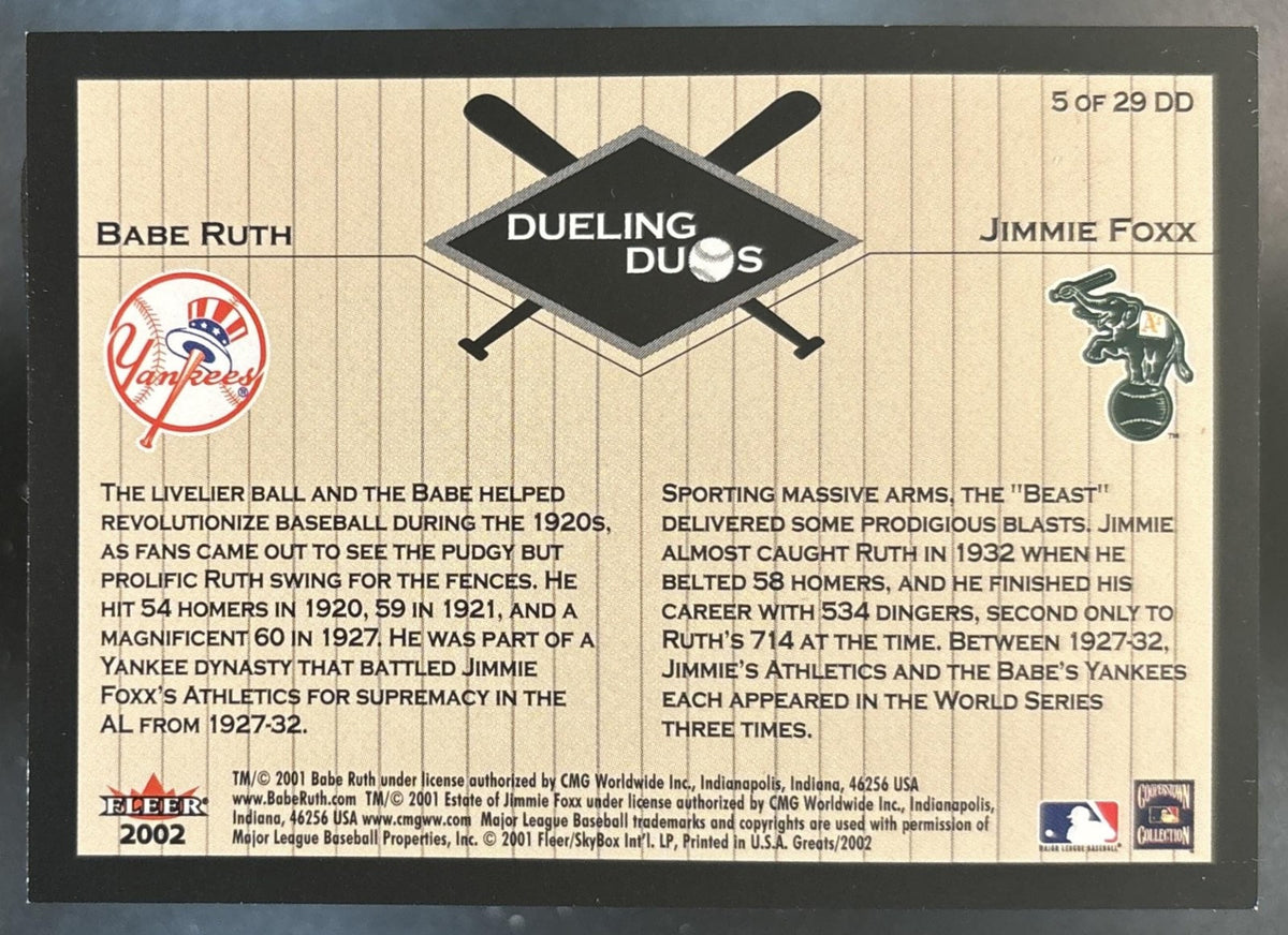 2002 Fleer Greats of the Game Babe Ruth Jimmie Foxx Dueling Duos