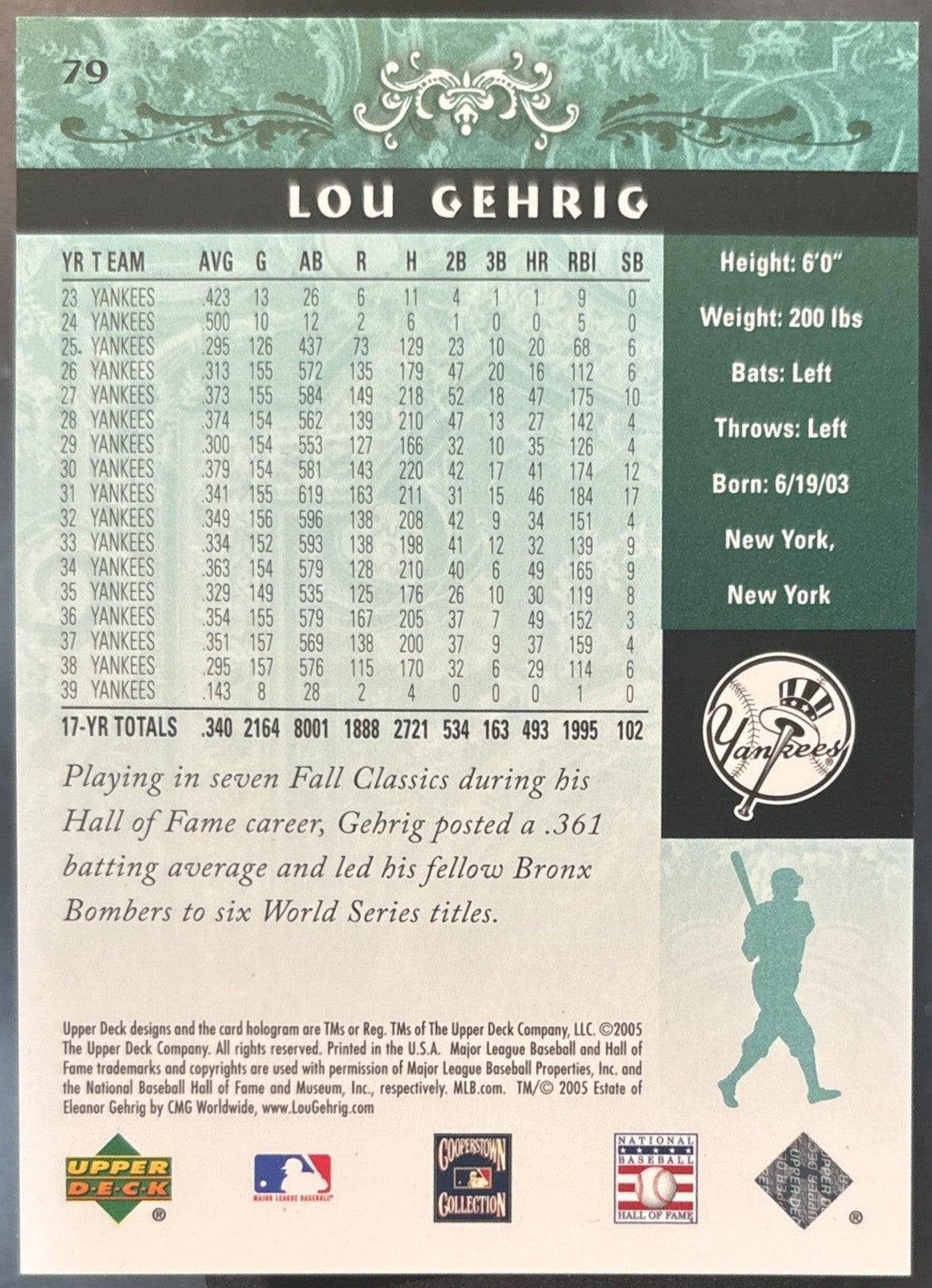 2005 Upper Deck Hall of Fame Lou Gehrig Green /200 #79 New York Yankees
