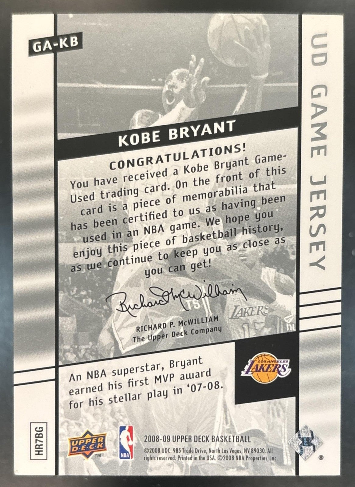 2008-09 Upper Deck Kobe Bryant UD Game Jerseys #GA-KB Los Angeles Lakers