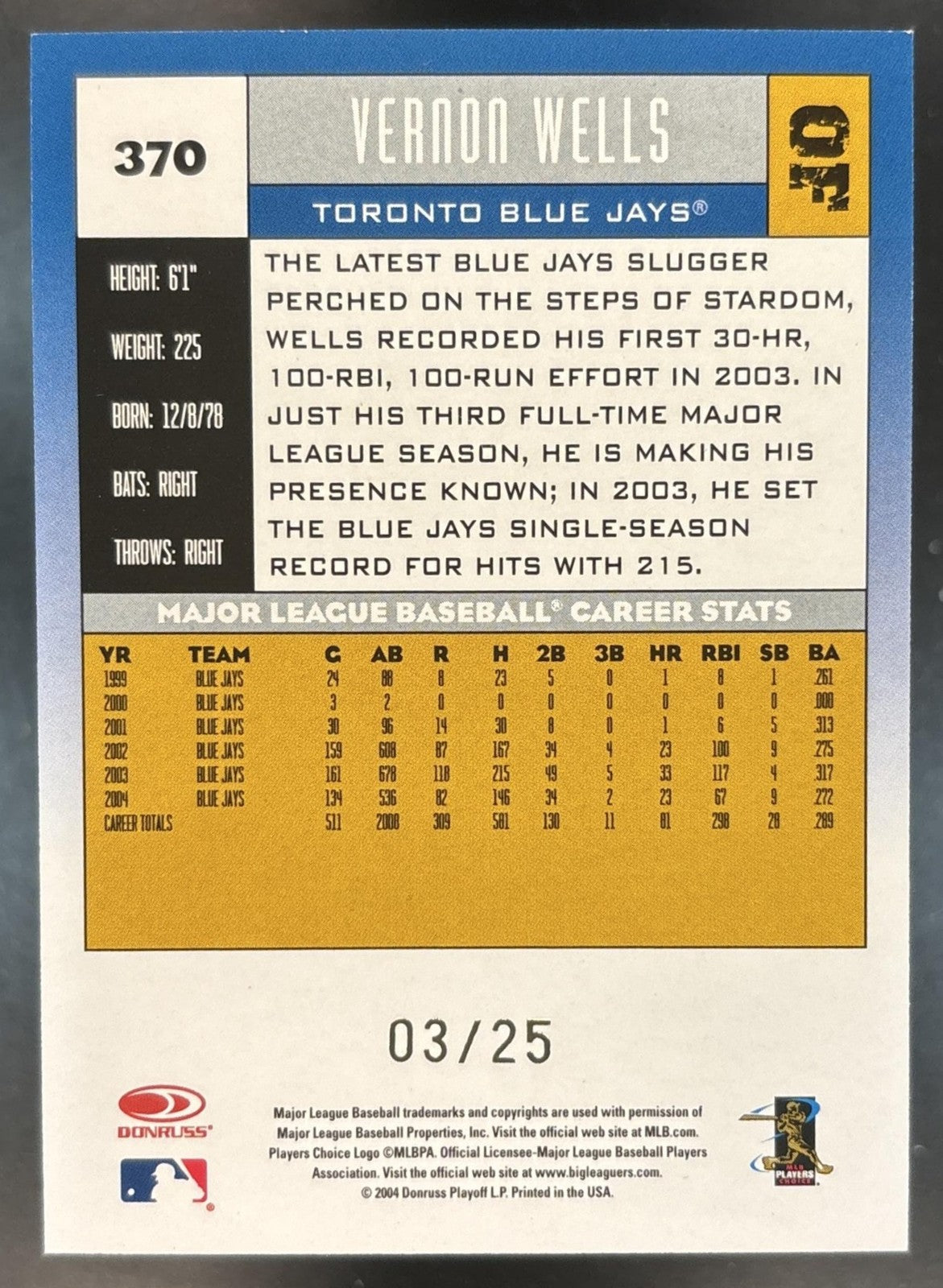 2005 Donruss Vernon Wells Press Proofs Gold /25 #370 Toronto Blue Jays