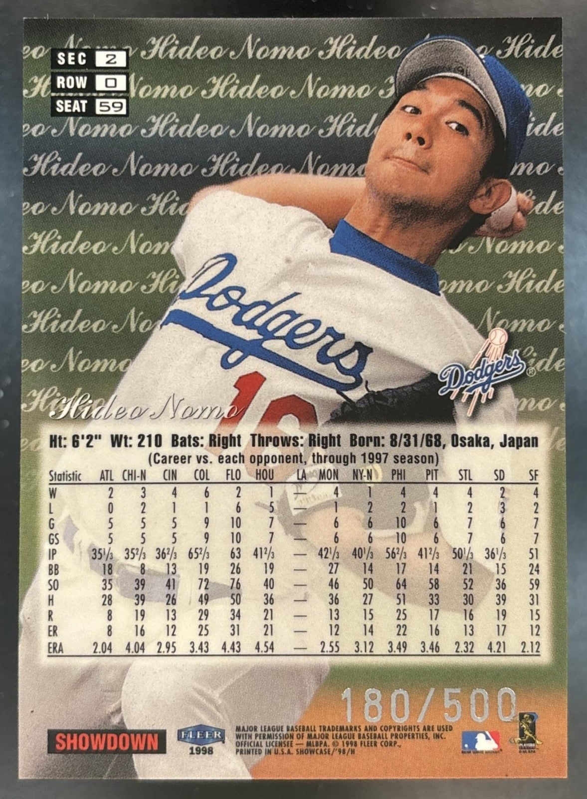 1998 Fleer Flair Showcase Hideo Nomo Row 0 Showcase /500 #59 Los Angeles Dodgers