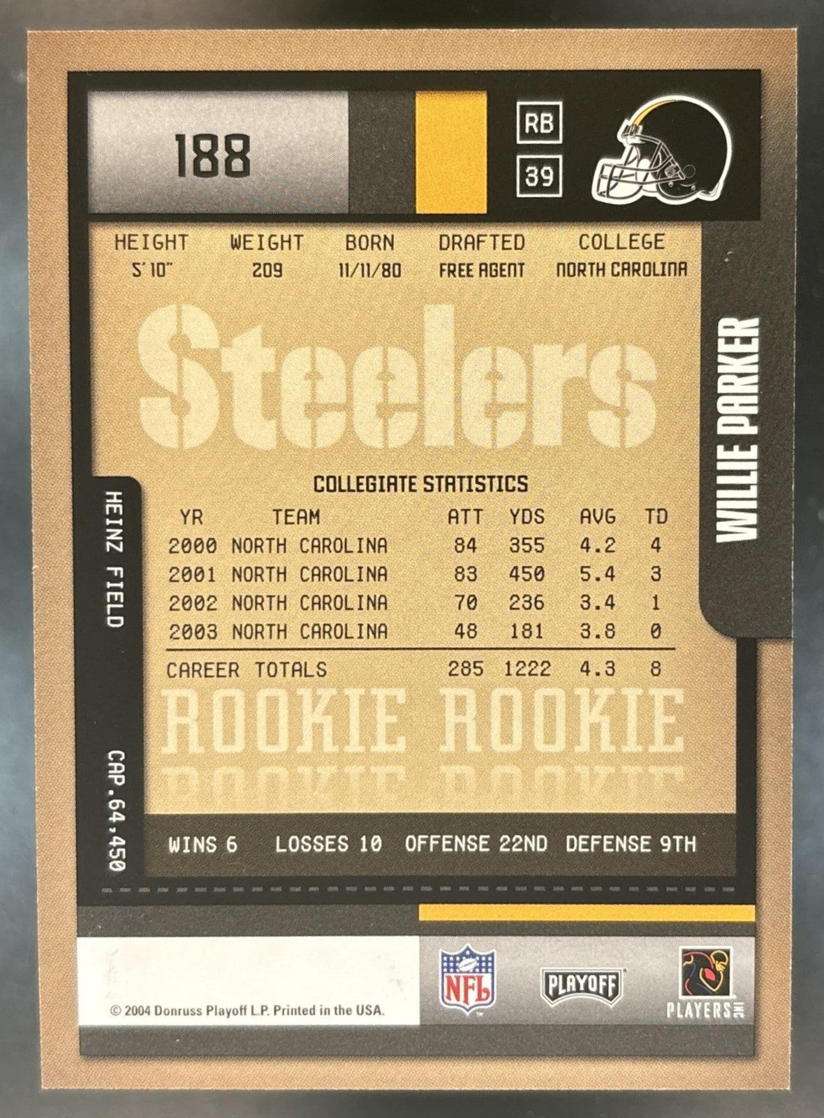2004 Playoff Contenders Willie Parker #188a RC Auto Pittsburgh Steelers