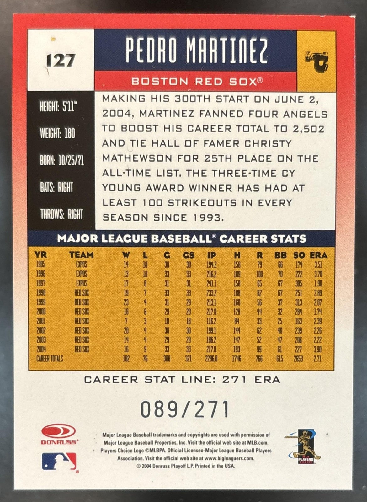 2005 Donruss Pedro Martinez Stat Line Career /271 #127 Boston Red Sox