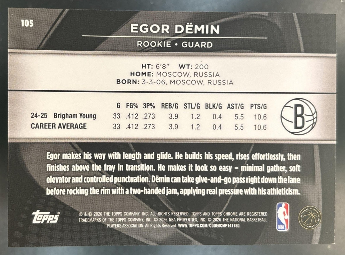 2025-26 Topps Chrome Black Egor Demin Rookie Design Variation #105 SP RC Nets