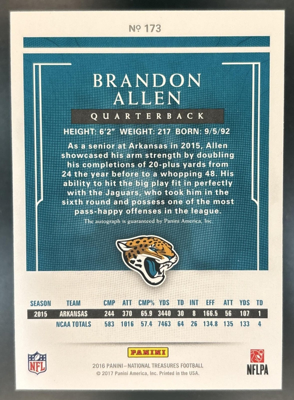 2016 Panini National Treasures Brandon Allen Auto /25 RC Jacksonville Jaguars