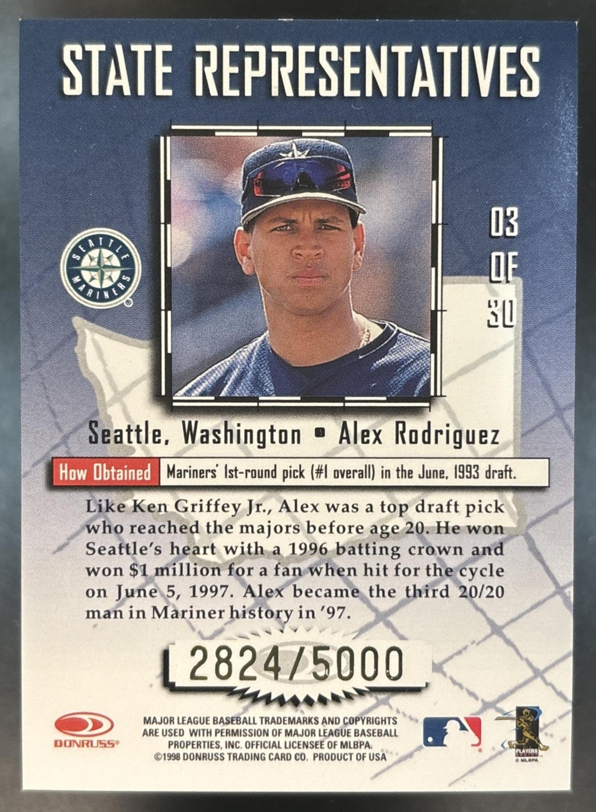 1998 Leaf Alex Rodriguez State Representatives /5000 #3 Seattle Mariners