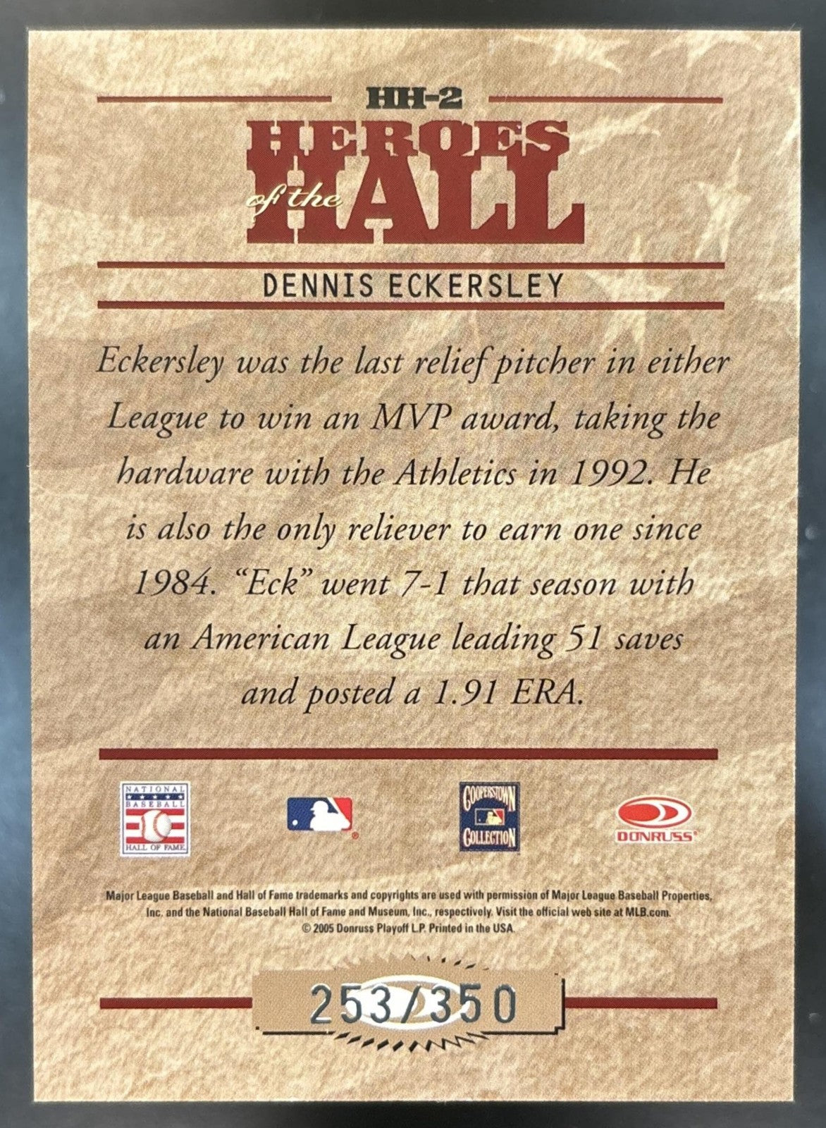 2005 Donruss Studio Dennis Eckersley Heroes of the Hall /350 Oakland Athletics