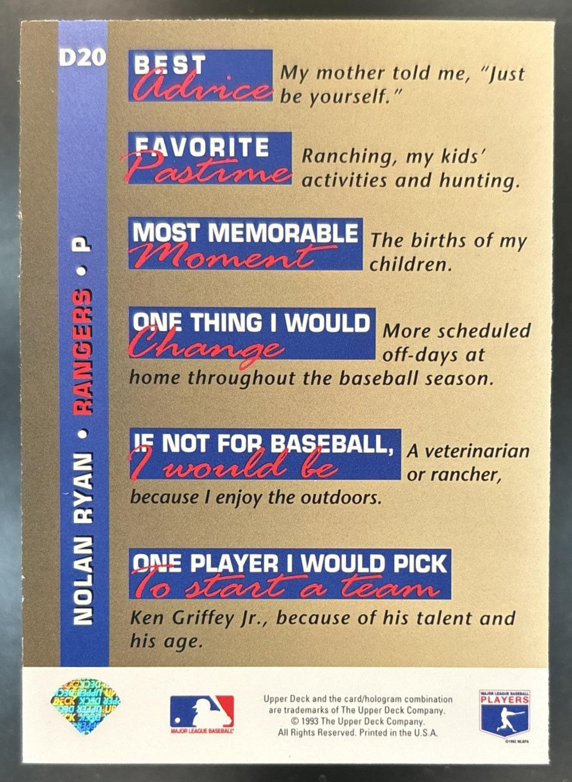 1993 Upper Deck Nolan Ryan On #D20 Texas Rangers