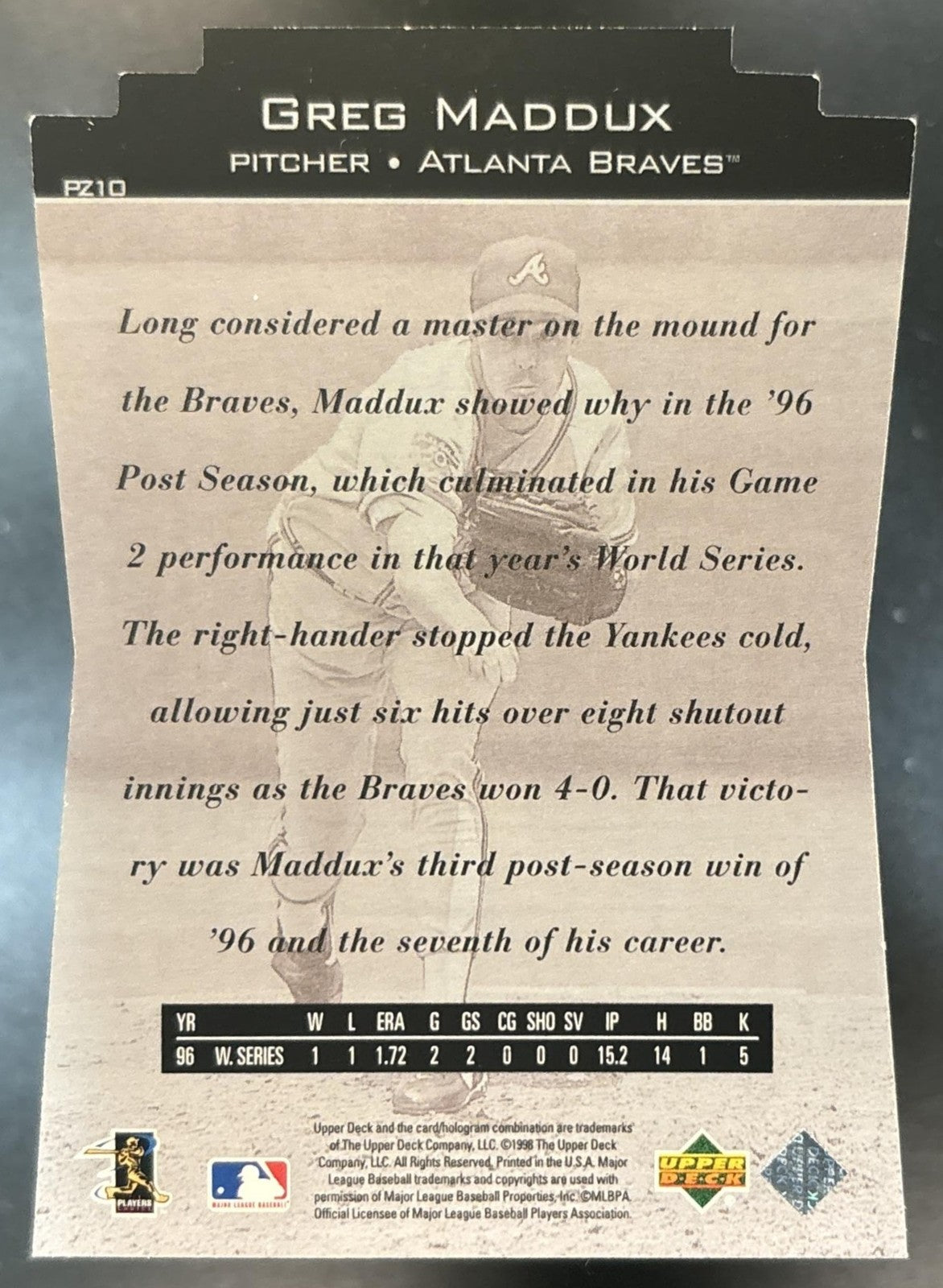 1998 Upper Deck Special F/X Greg Maddux Power Zone OctoberBest Atlanta Braves