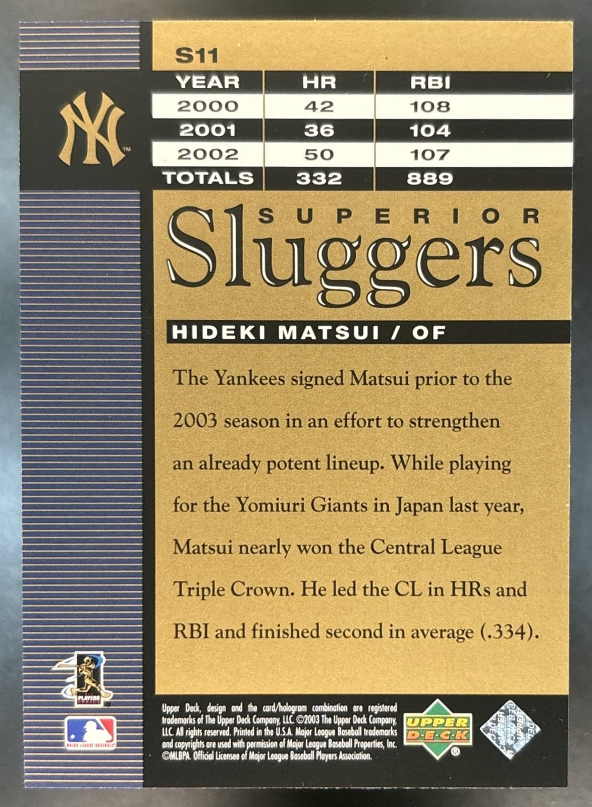 2003 Upper Deck Hideki Matsui Superior Sluggers #S11 RC New York Yankees