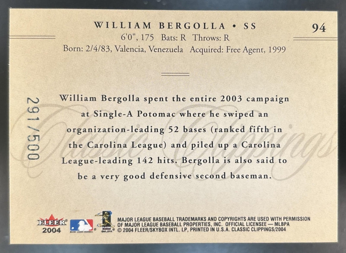 2004 Fleer Classic Clippings William Bergolla /500 #94 RC Cincinnati Reds
