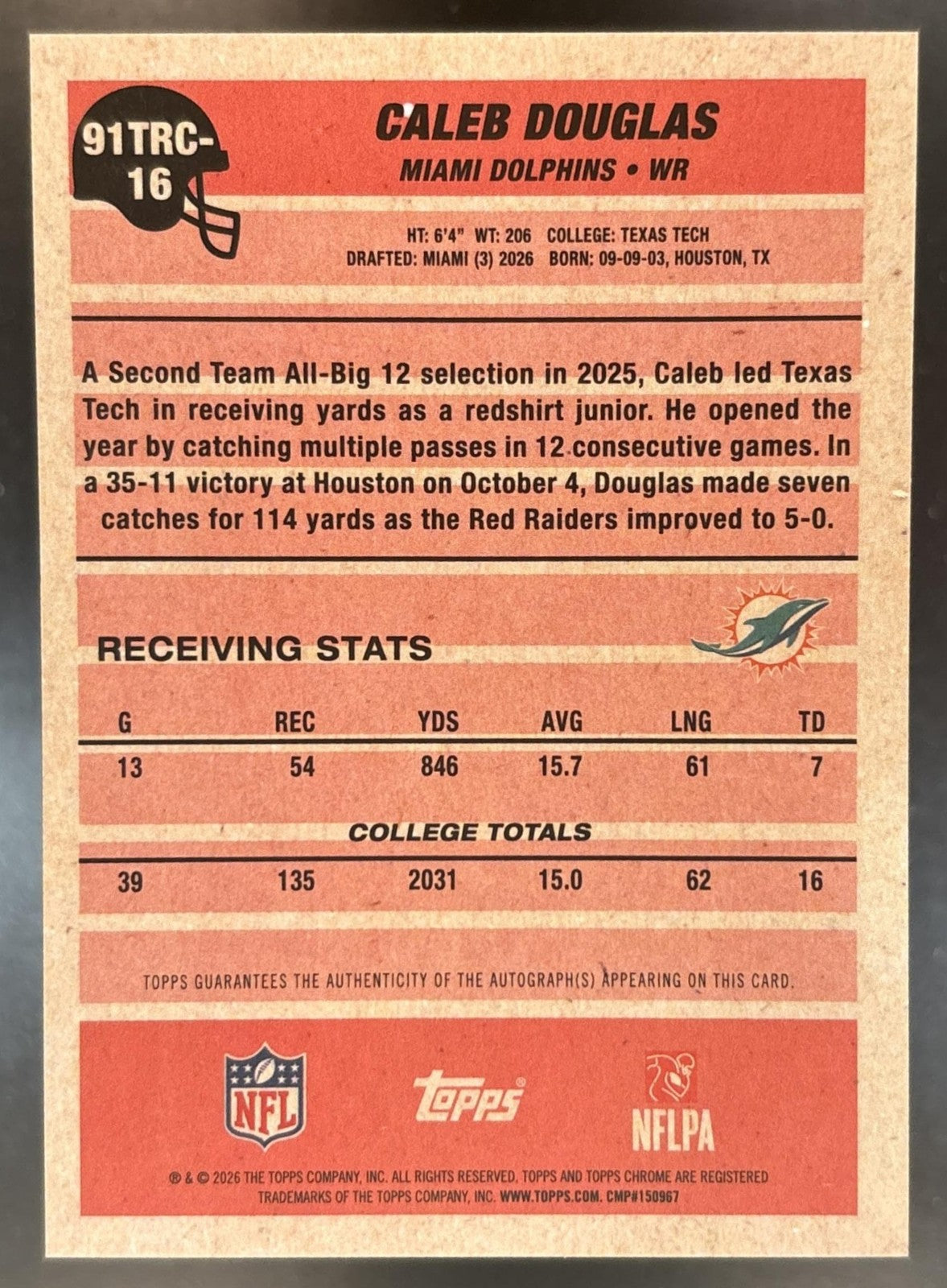 2026 Topps Caleb Douglas 1991 Chrome Rookie Silver Pack Auto Mojo RC Dolphins