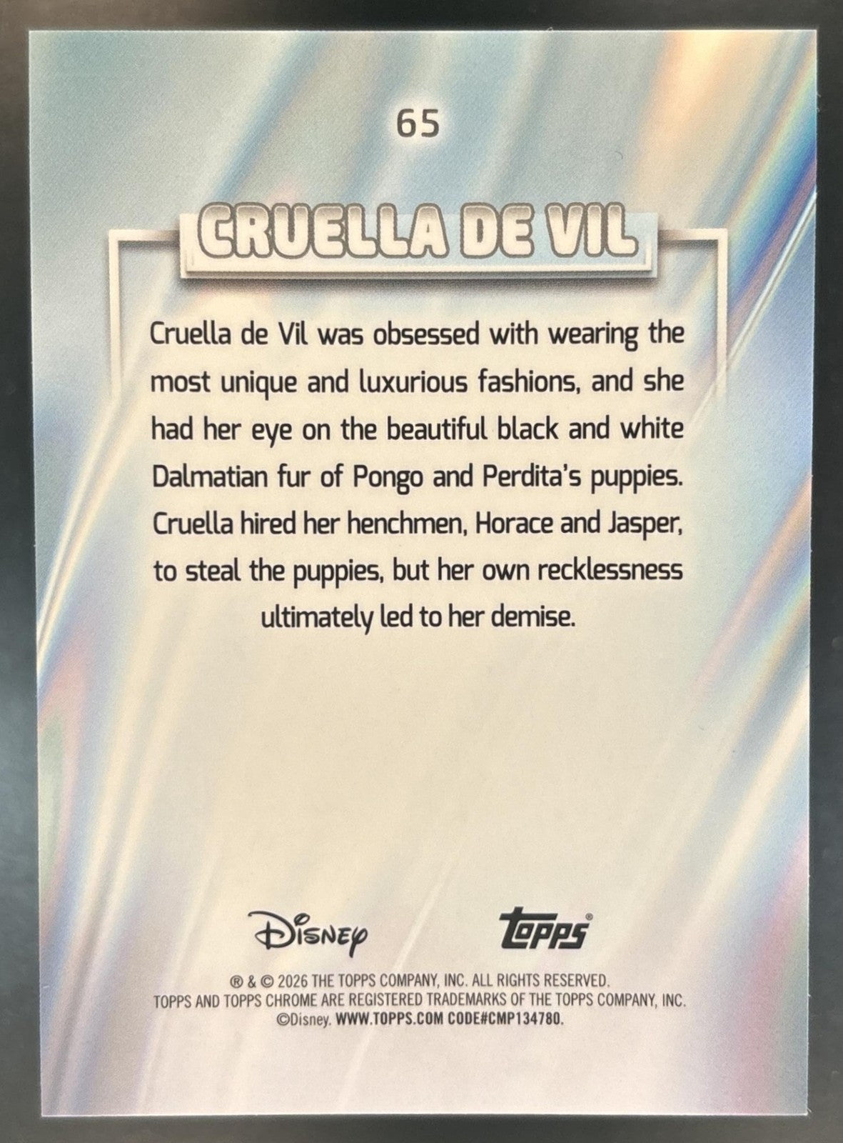 2026 Topps Chrome Disney Cruella de Vil Purple /75 One Hundred and Dalmatians