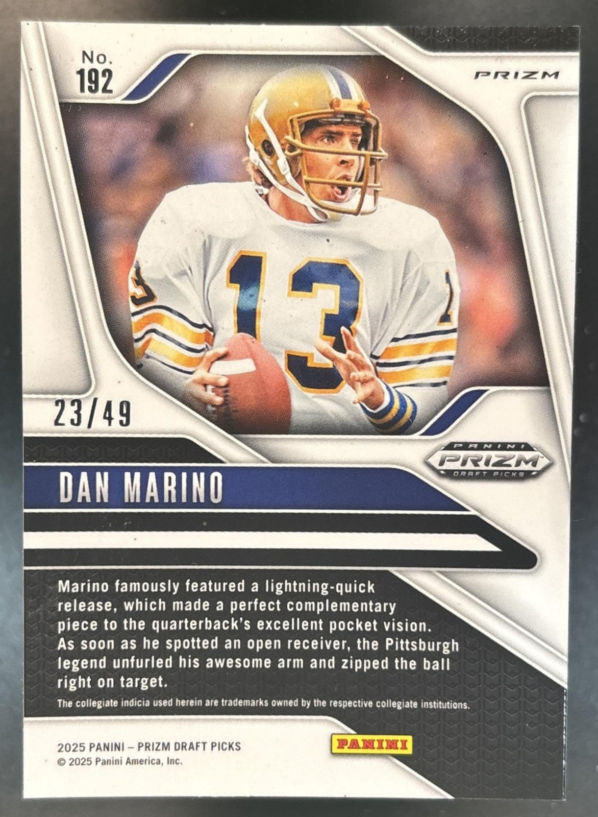 2025 Panini Prizm Draft Picks Dan Marino Gold Flash /49 #192 Pittsburgh Panthers