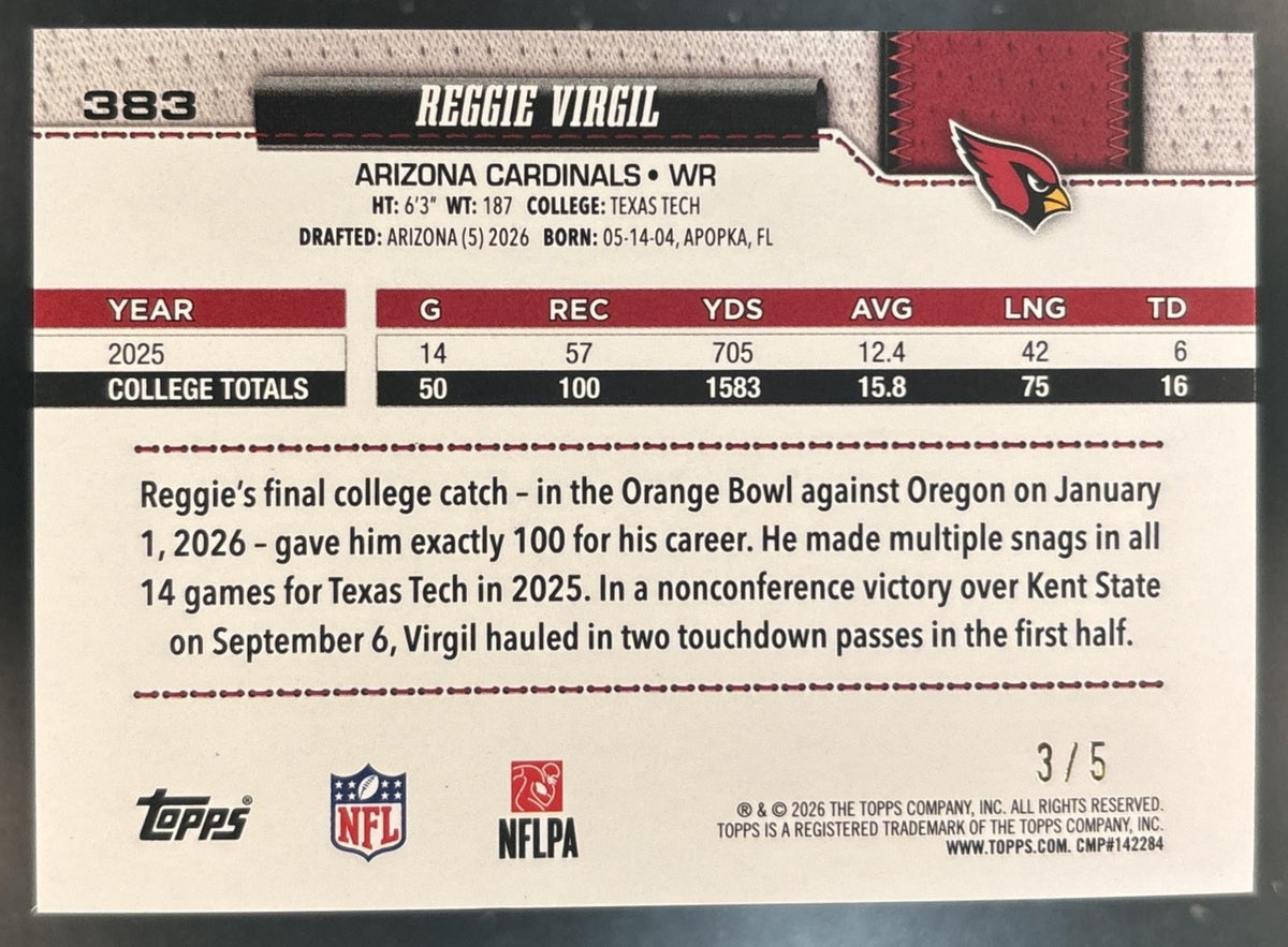 2026 Topps Reggie Virgil Sandglitter Red /5 #383 RC Arizona Cardinals