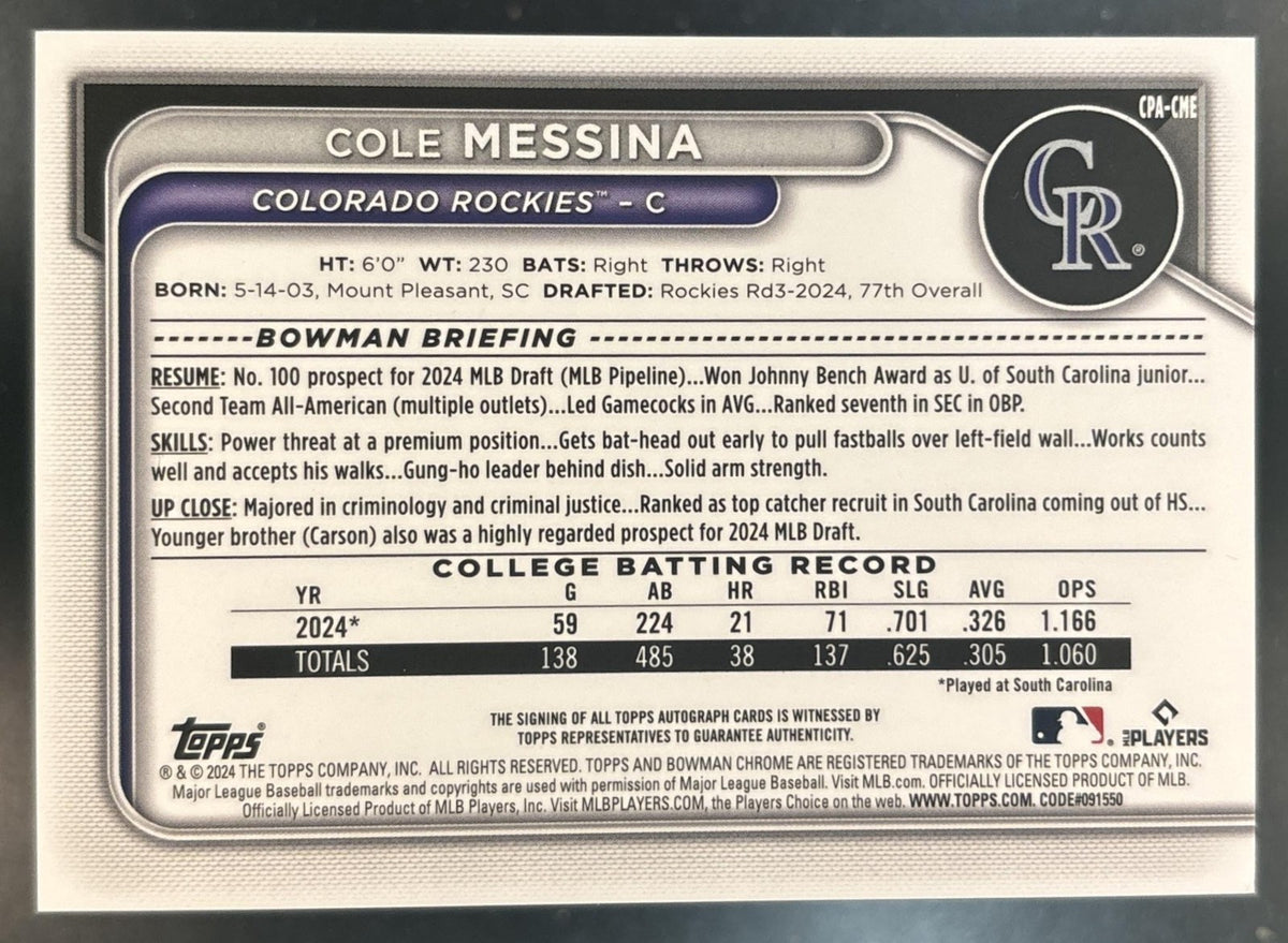 2024 Bowman Draft Cole Messina Chrome Auto Gold /50 1st Prospect Rockies