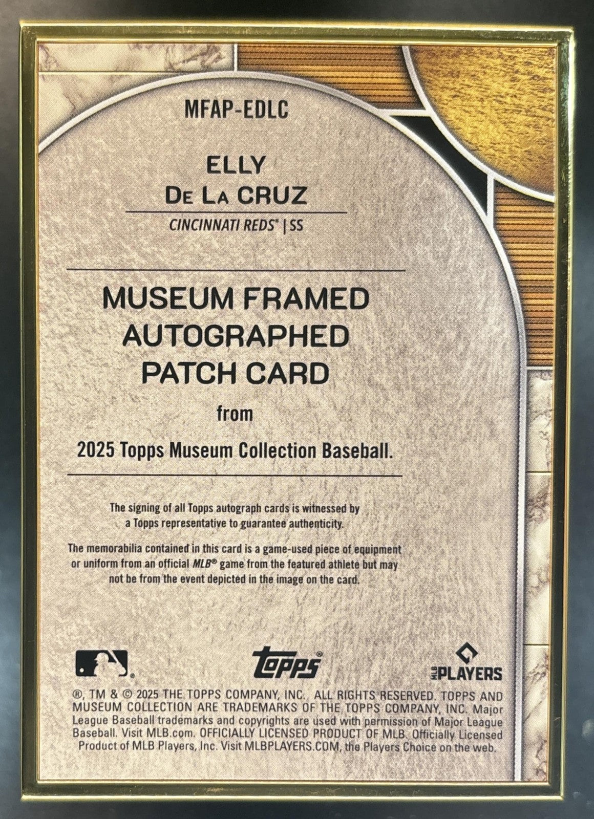 2025 Topps Museum Collection Elly De La Cruz Framed Auto Patch Gold /10 MEM Reds
