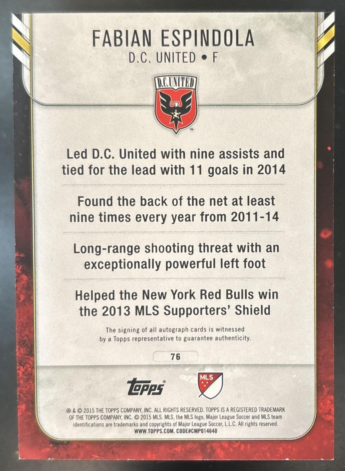 2015 Topps Apex MLS Fabian Espindola Auto Gold /50 #76 D.C. United