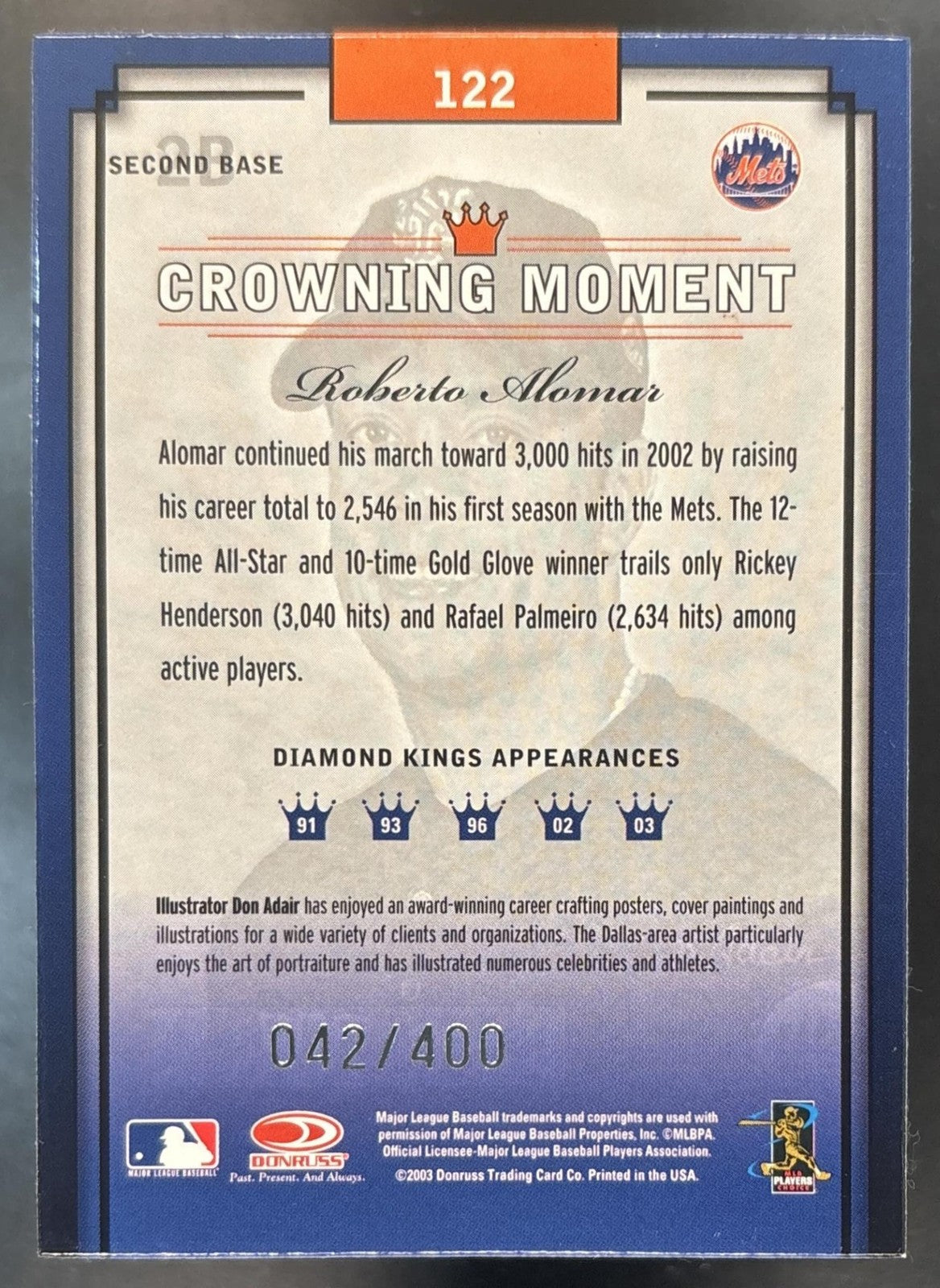 2003 Donruss Diamond Kings Roberto Alomar Framed Gray Silver /400 #122 Mets