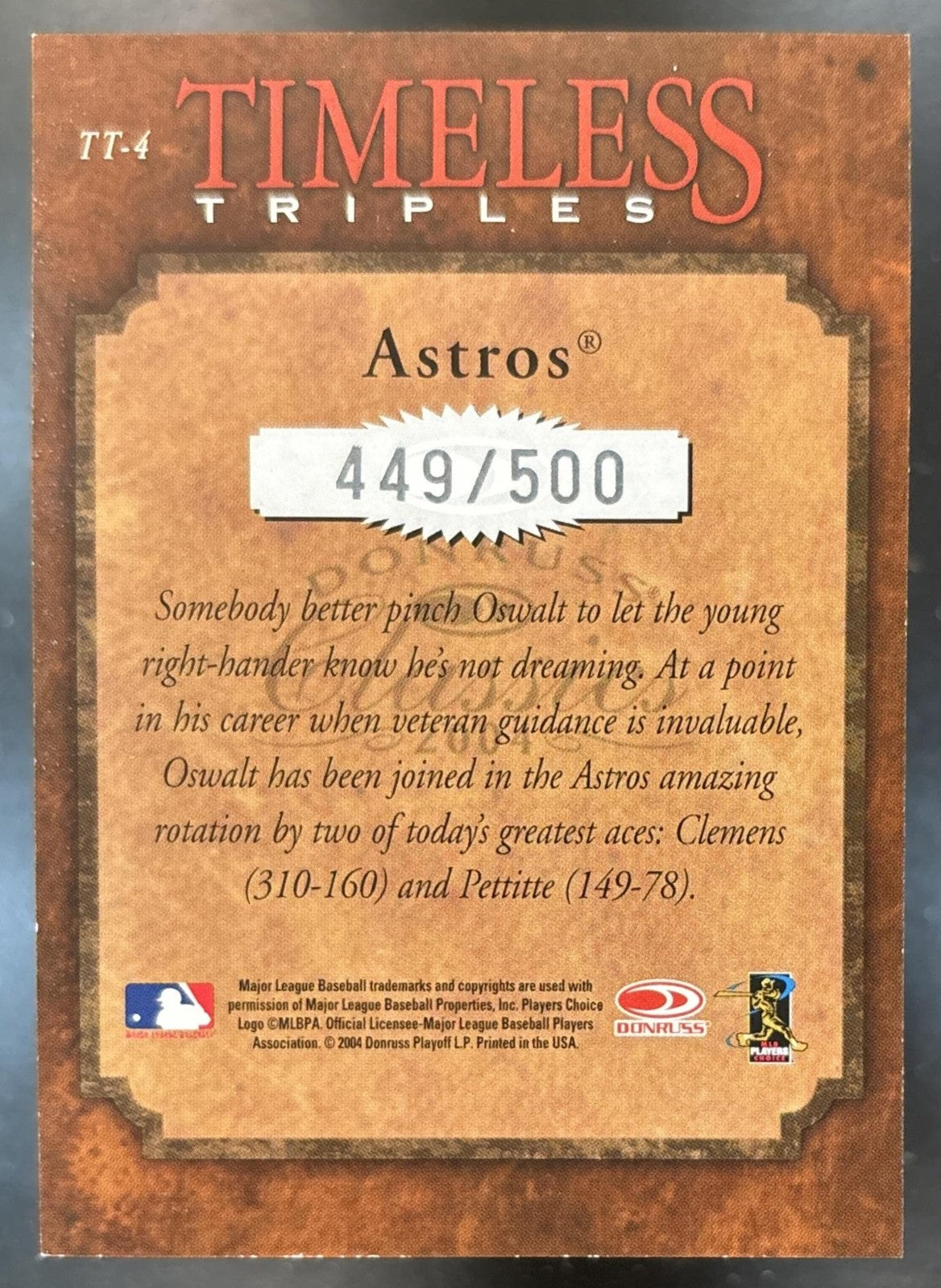 2004 Donruss Classics Roger Clemens Andy Pettitte Roy Oswalt Timeless Trip /500