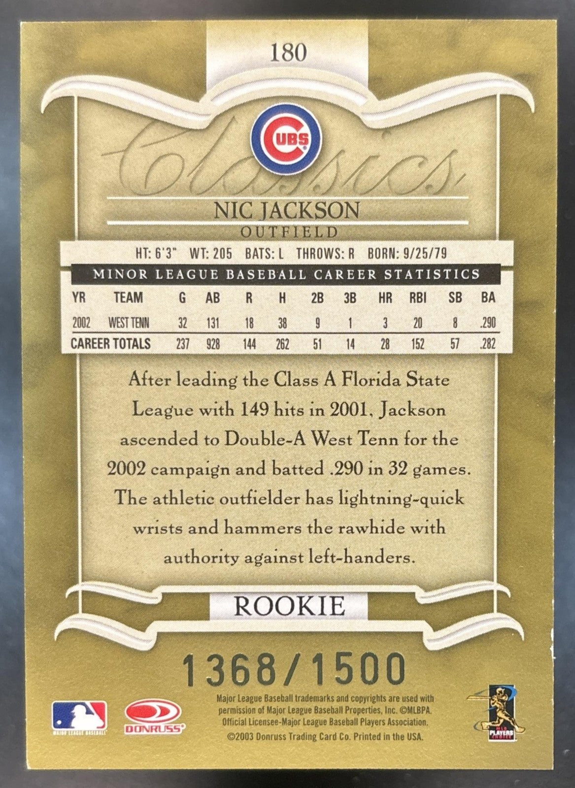 2003 Donruss Classics Nic Jackson /1500 #180 Chicago Cubs