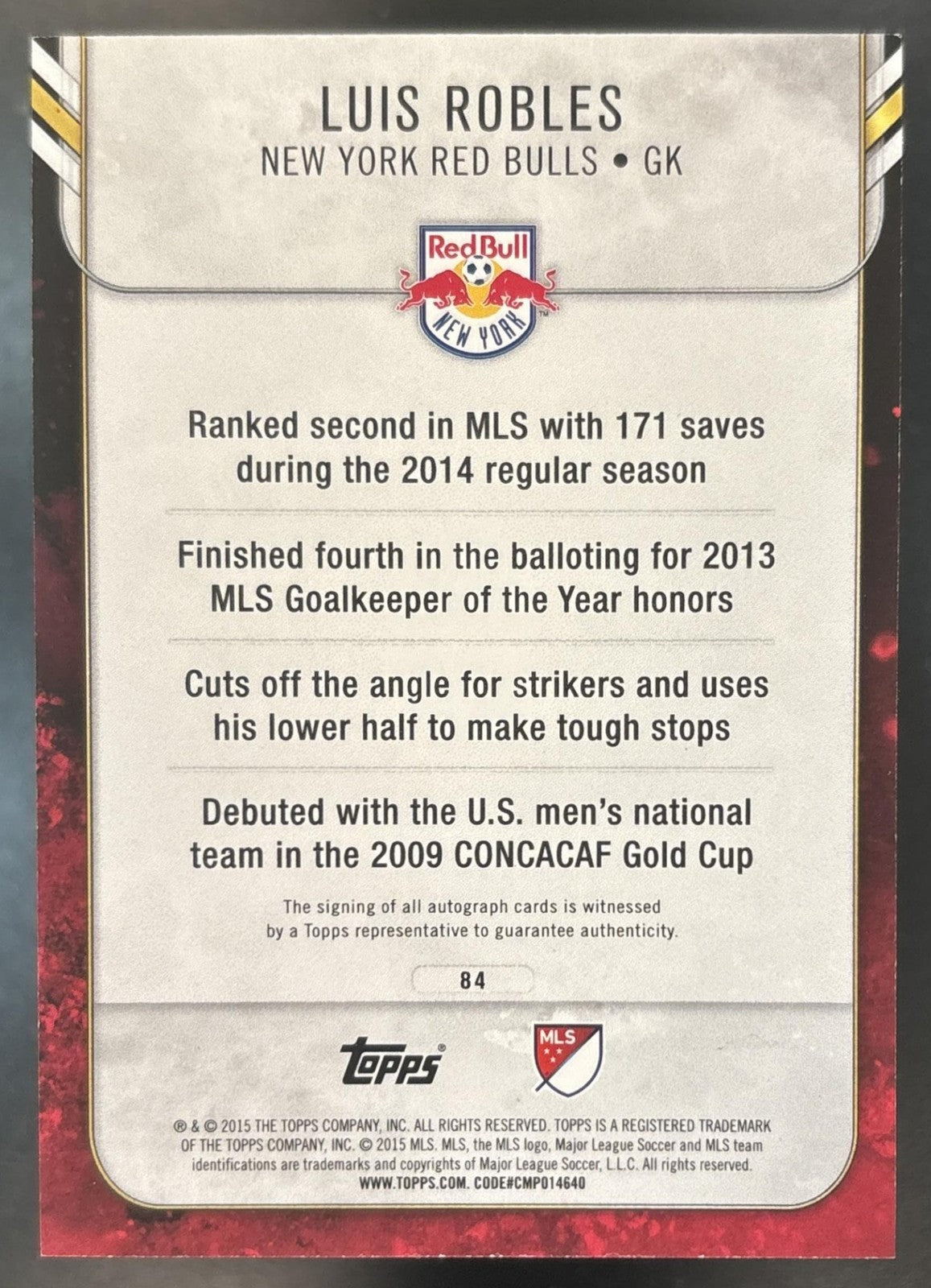 2015 Topps Apex MLS Luis Robles Auto Green /99 #84 New York Red Bulls