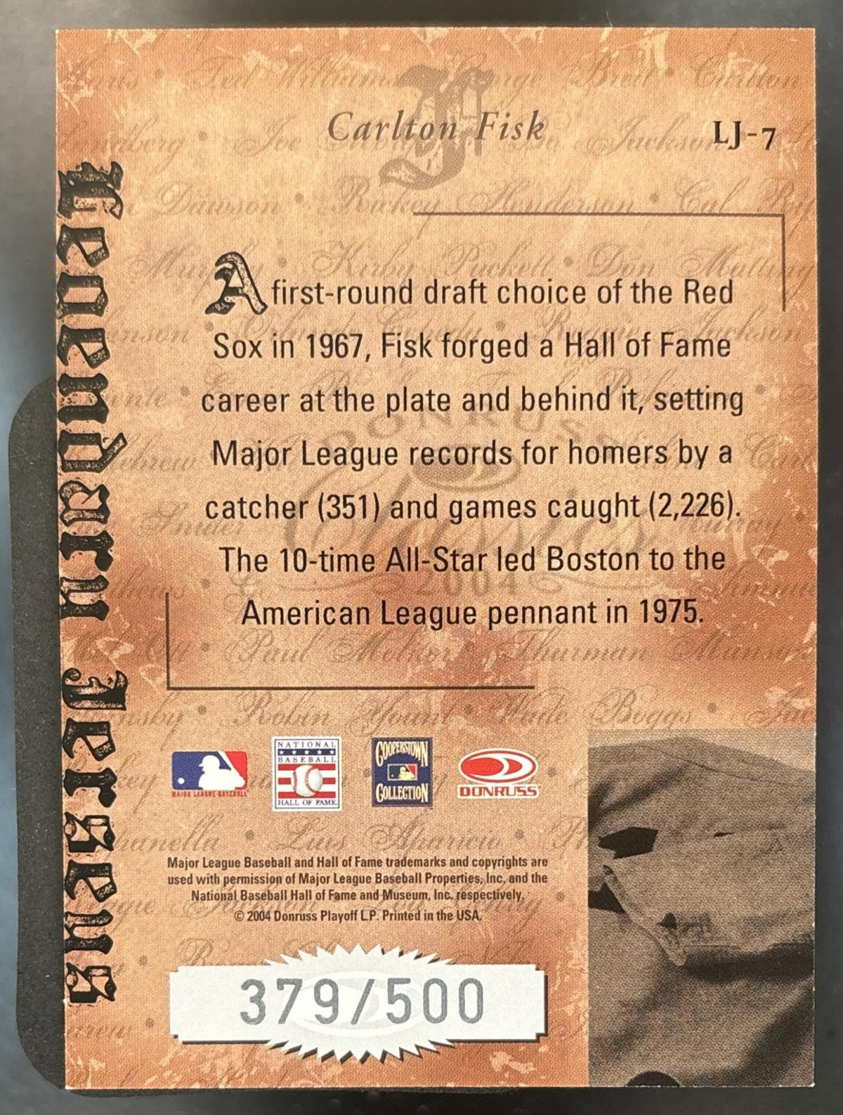 2004 Donruss Classics Carlton Fisk Legendary Jerseys /500 #LJ-7 Boston Red Sox