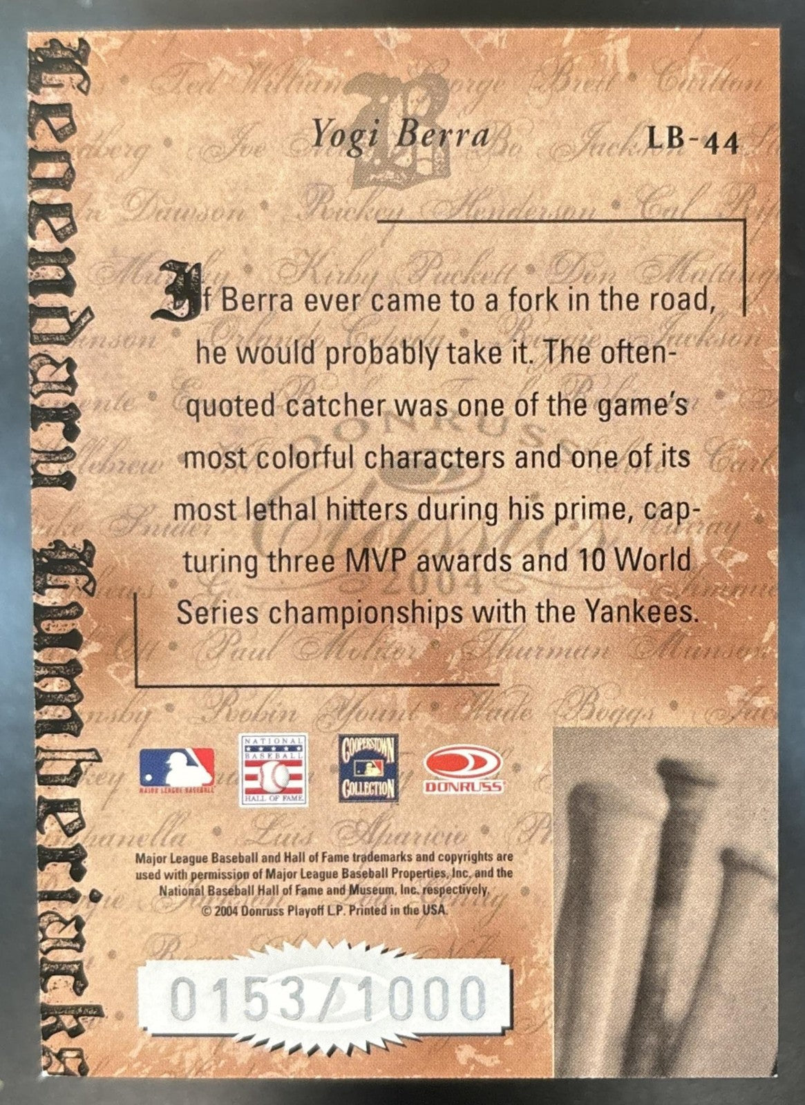 2004 Donruss Classics Yogi Berra Legendary Lumberjacks /1000 New York Yankees