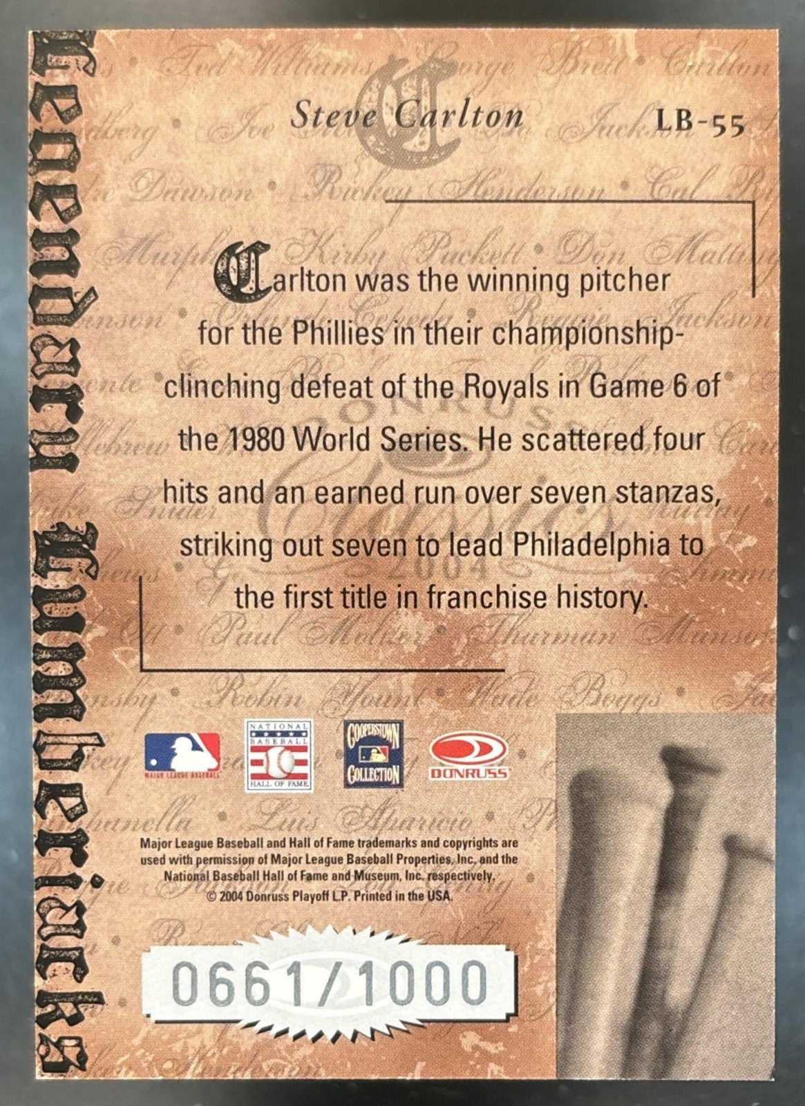 2004 Donruss Classics Steve Carlton Legendary Lumberjacks /1000 Phillies