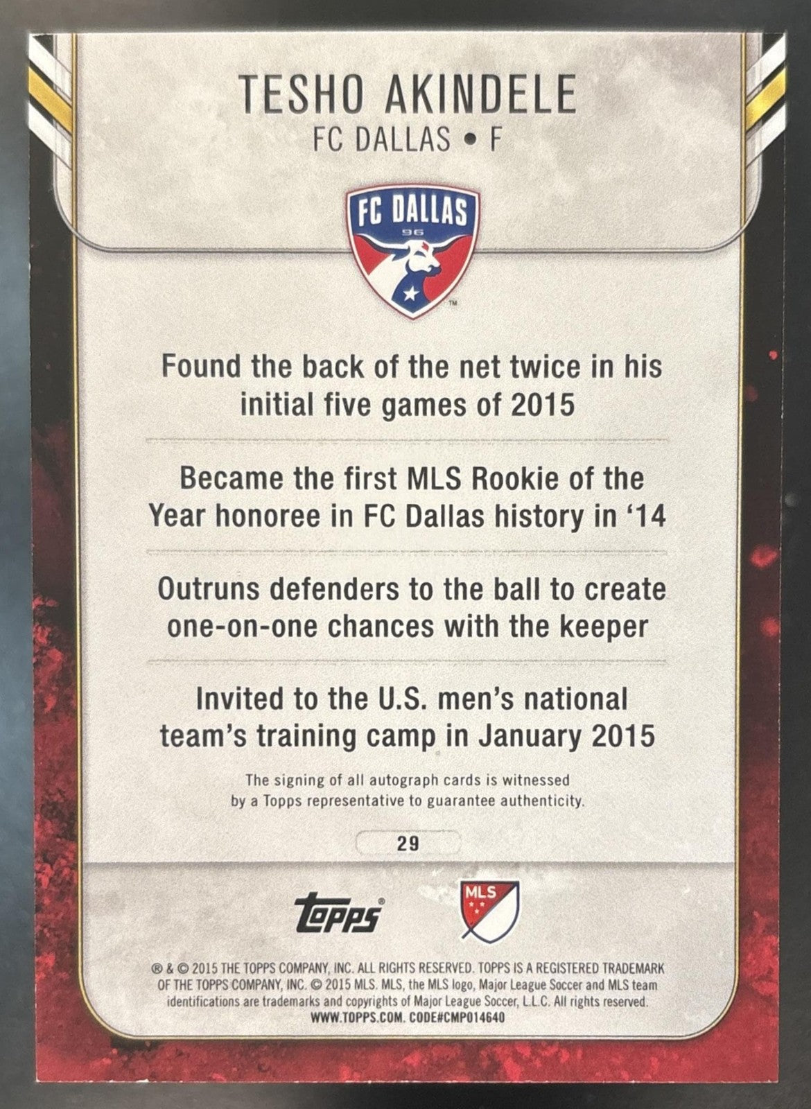 2015 Topps Apex MLS Tesho Akindele Auto Green /99 #29 FC Dallas