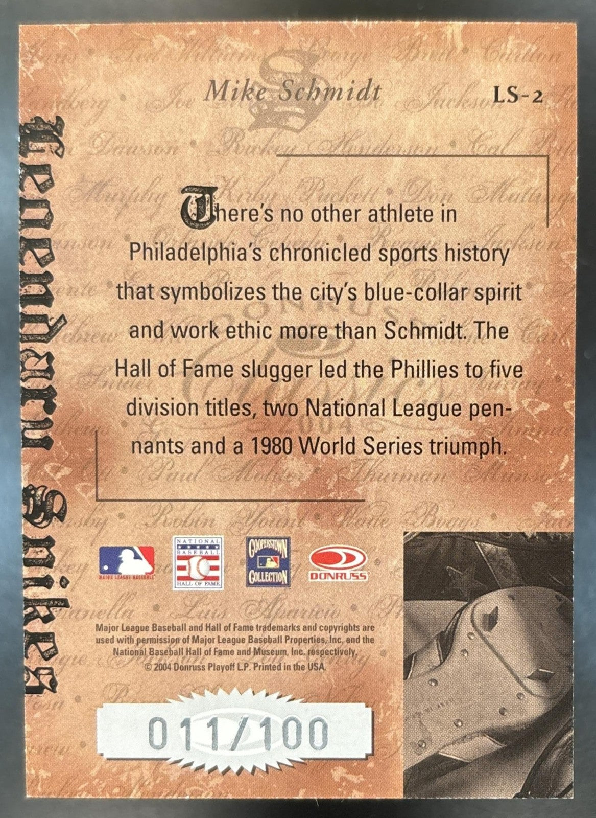 2004 Donruss Classics Mike Schmidt Legendary Spikes /100 Philadelphia Phillies