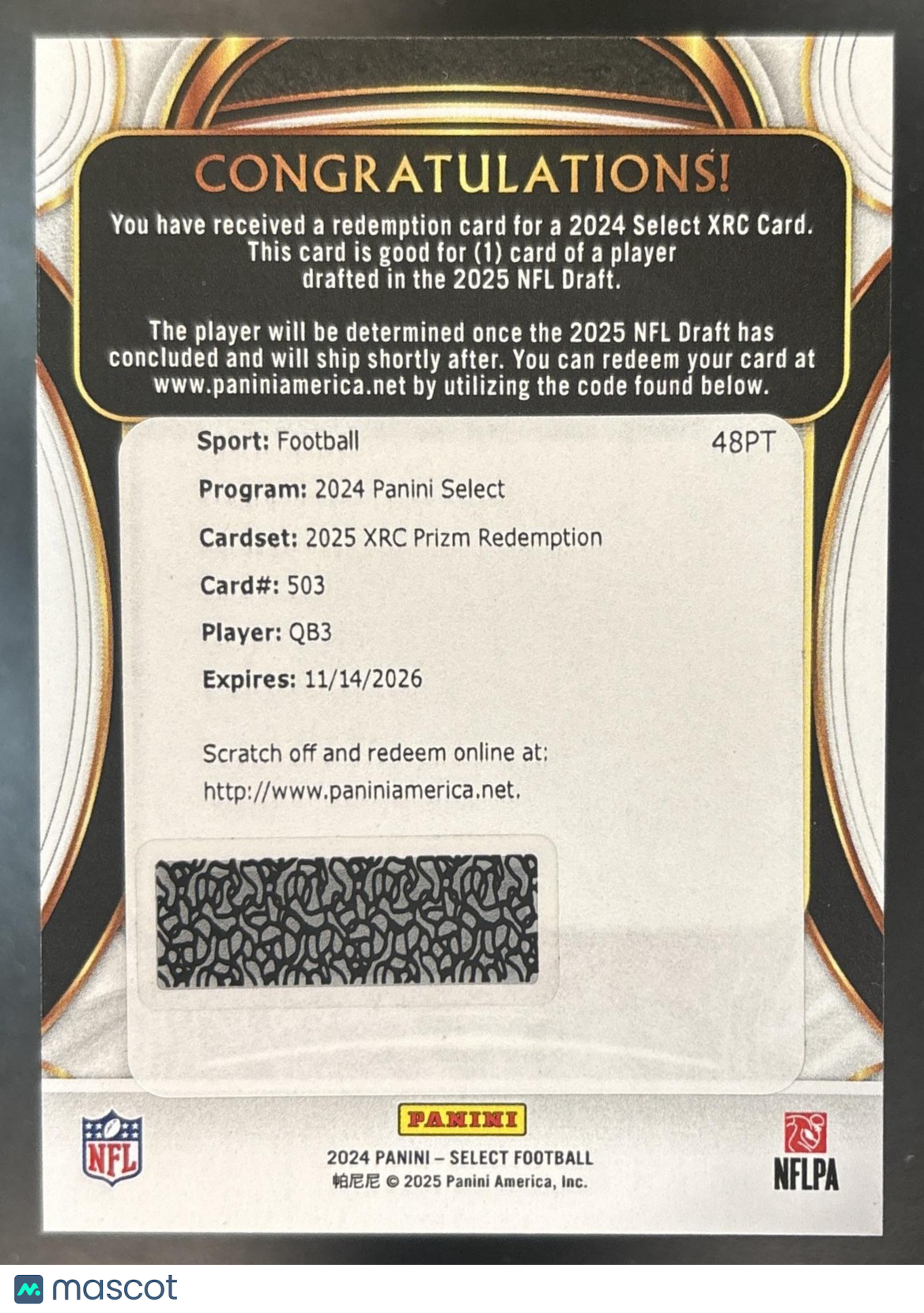 2024 Panini Select QB3 2025 XRC Redemption #503 (TYLER SHOUGH(?))