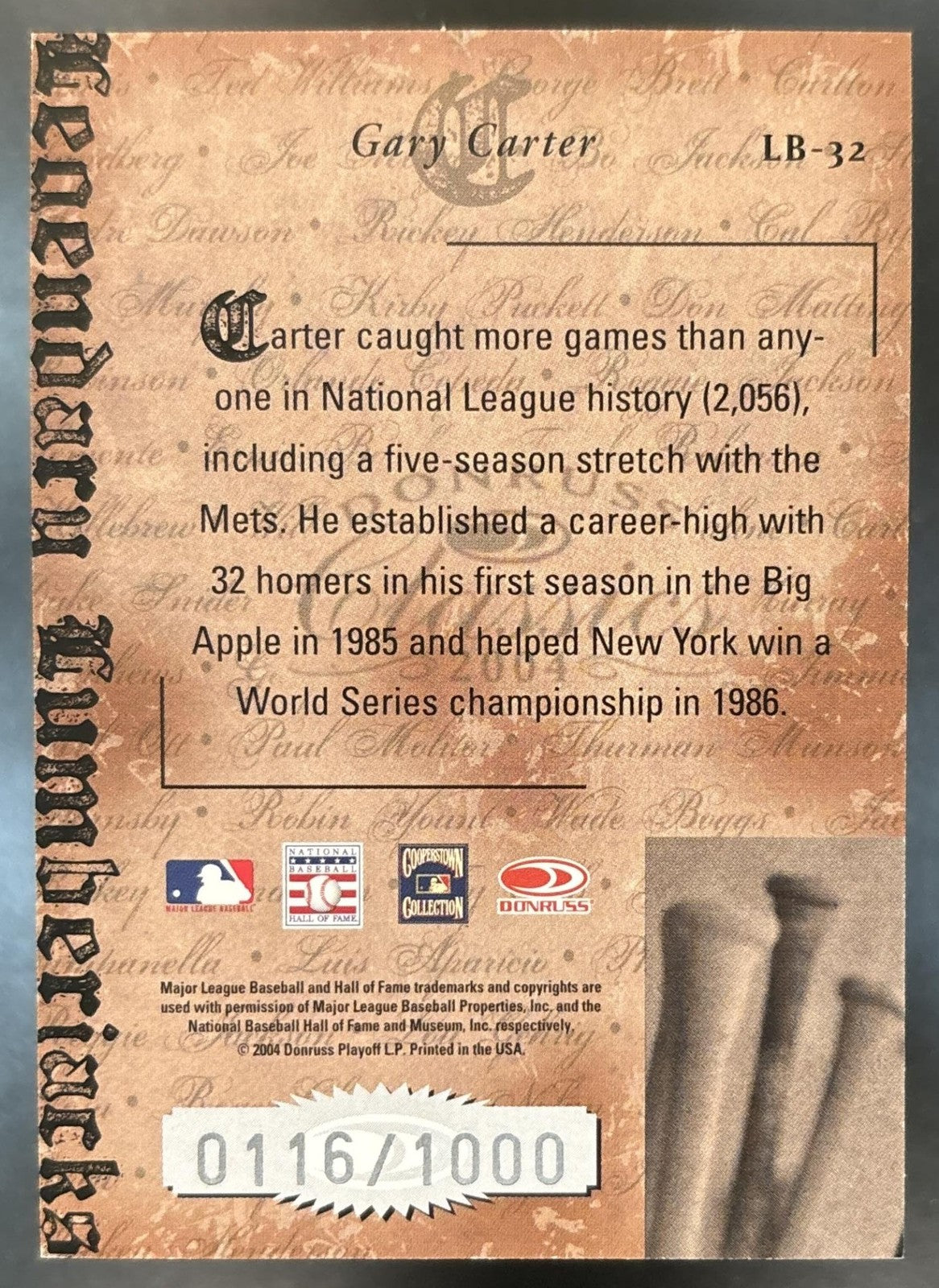 2004 Donruss Classics Gary Carter Legendary Lumberjacks /1000 New York Mets