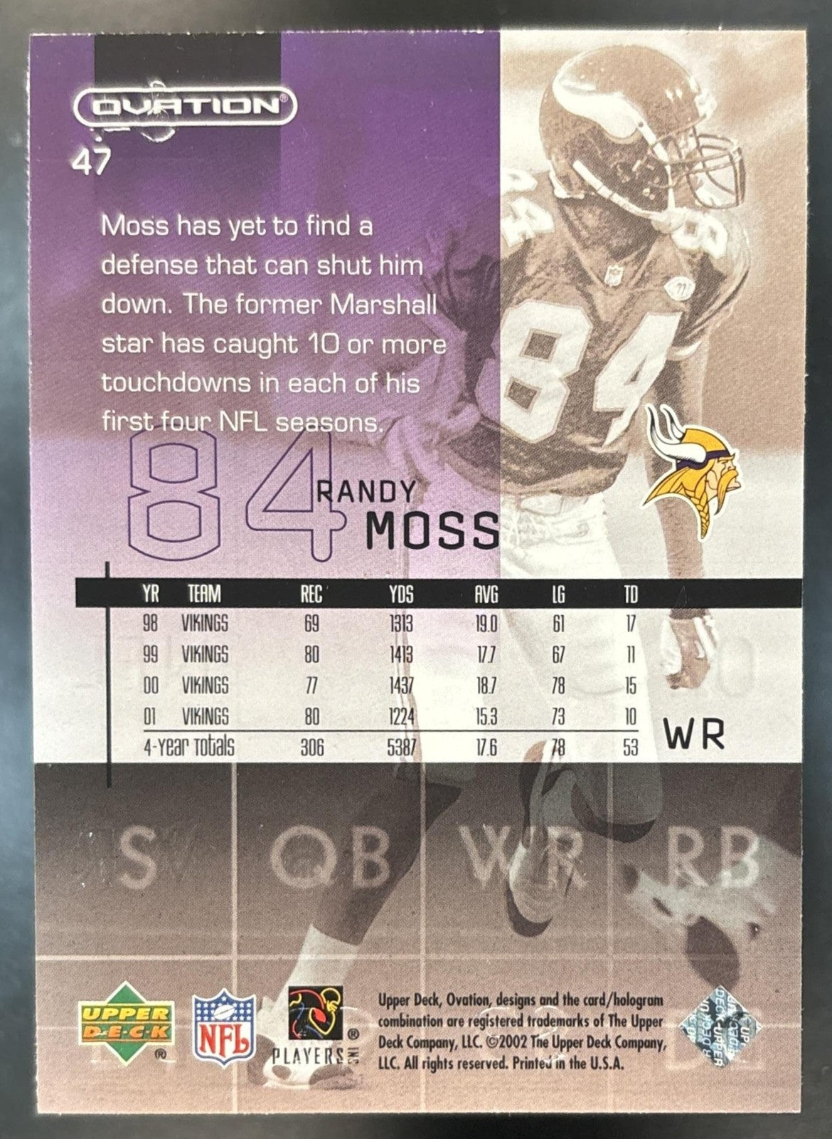2002 Upper Deck Ovation Randy Moss #47 Minnesota Vikings
