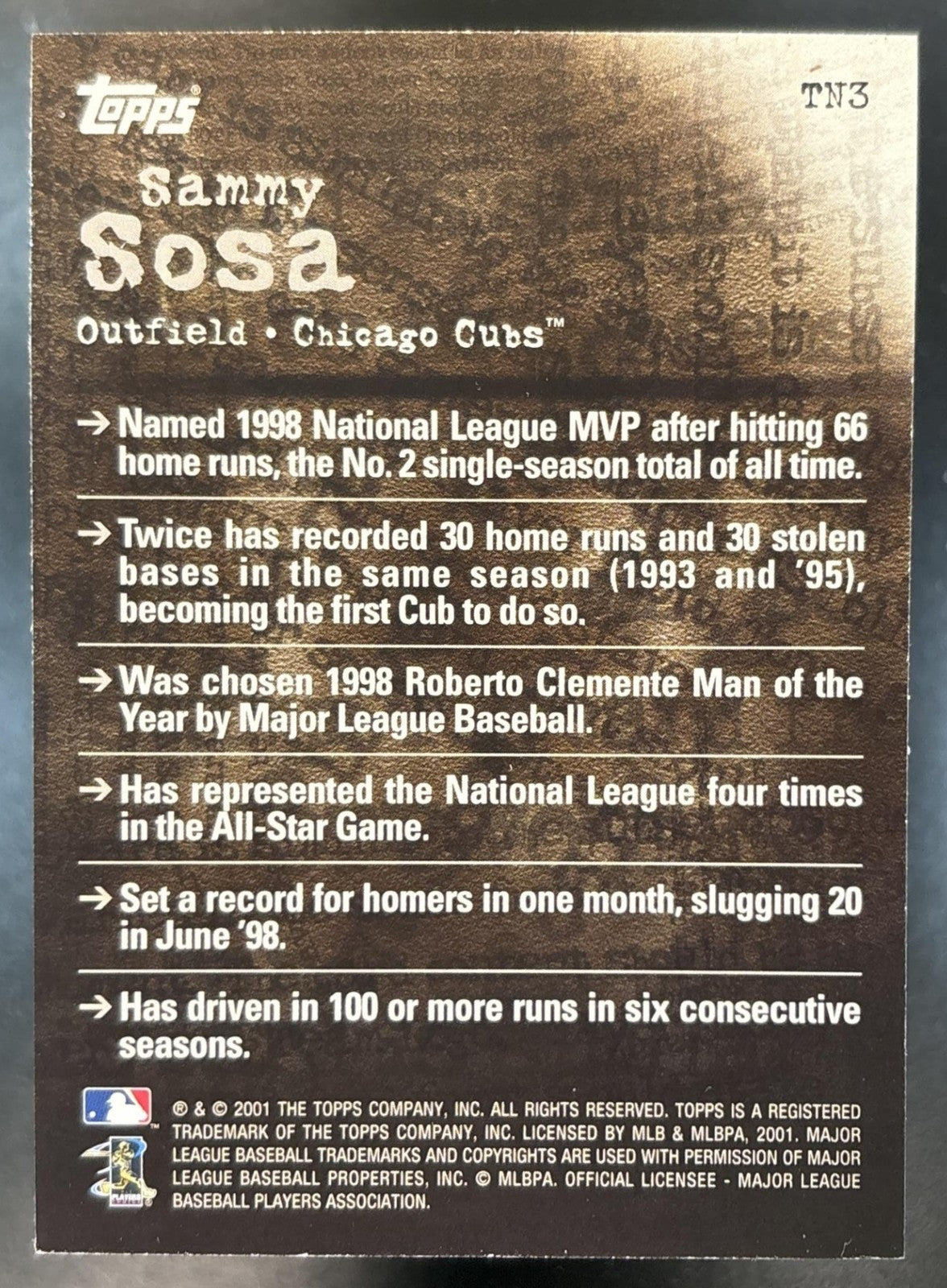 2001 Topps Sammy Sosa Noteworthy #TN3 Chicago Cubs