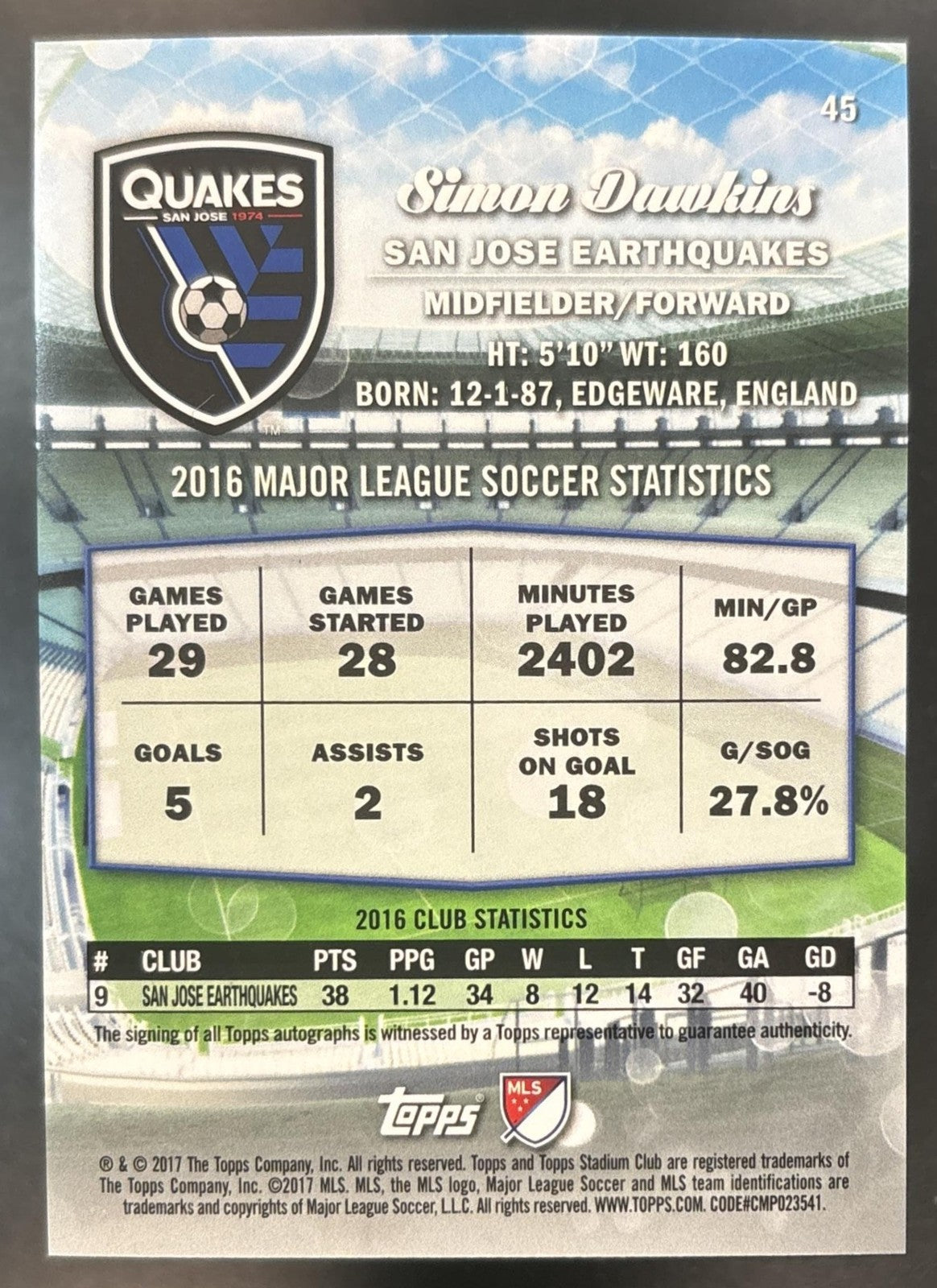 2017 Topps Stadium Club MLS Simon Dawkins Auto #45 San Jose Earthquakes