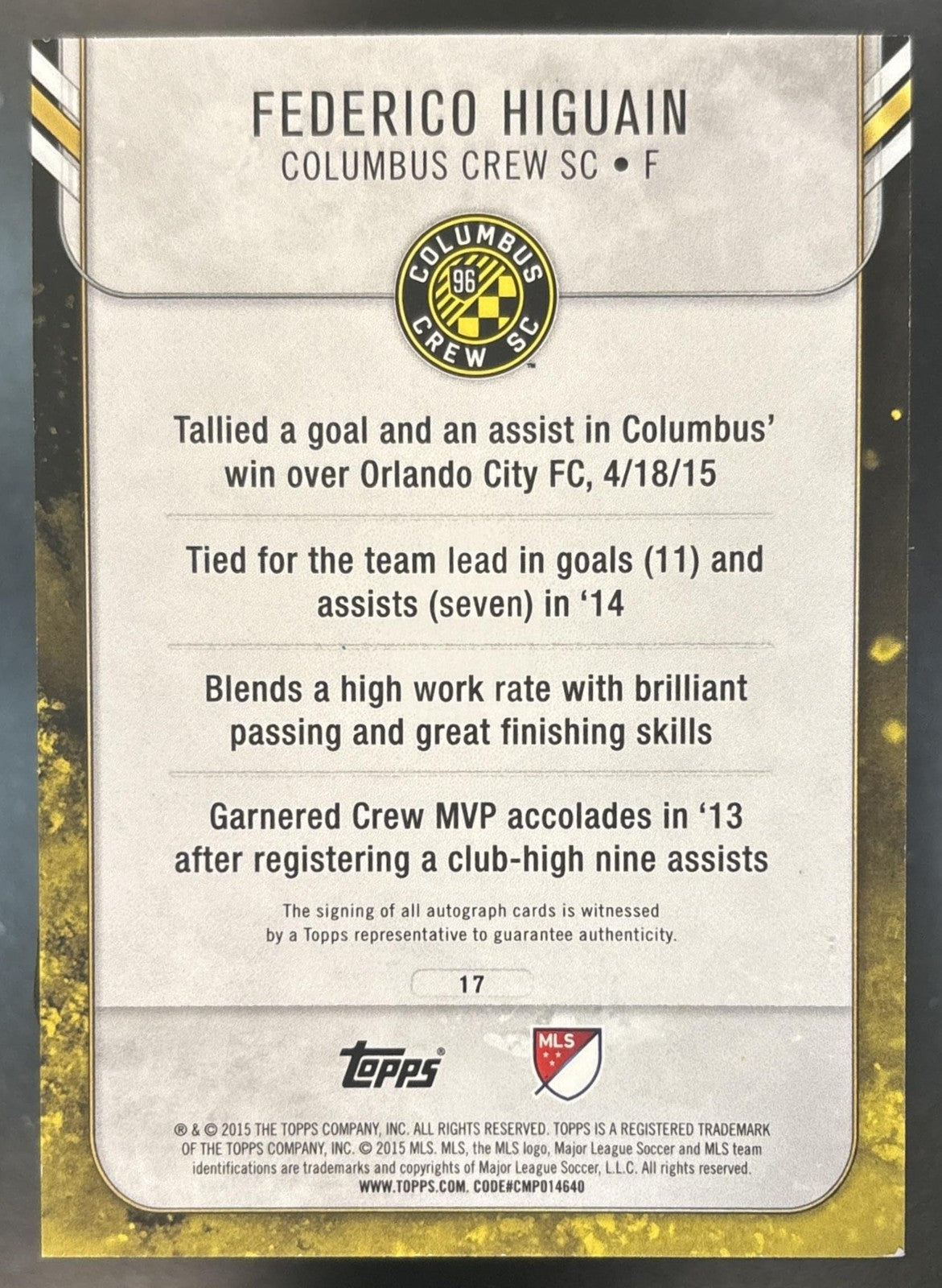 2015 Topps Apex MLS Federico Higuain Auto #17